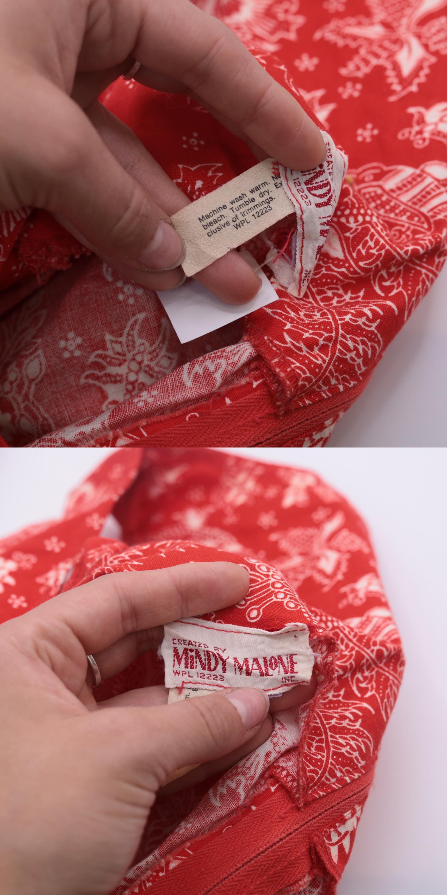 70s Red Floral Bird Print Sleeveless Dress High Waist V Neck Extra Small