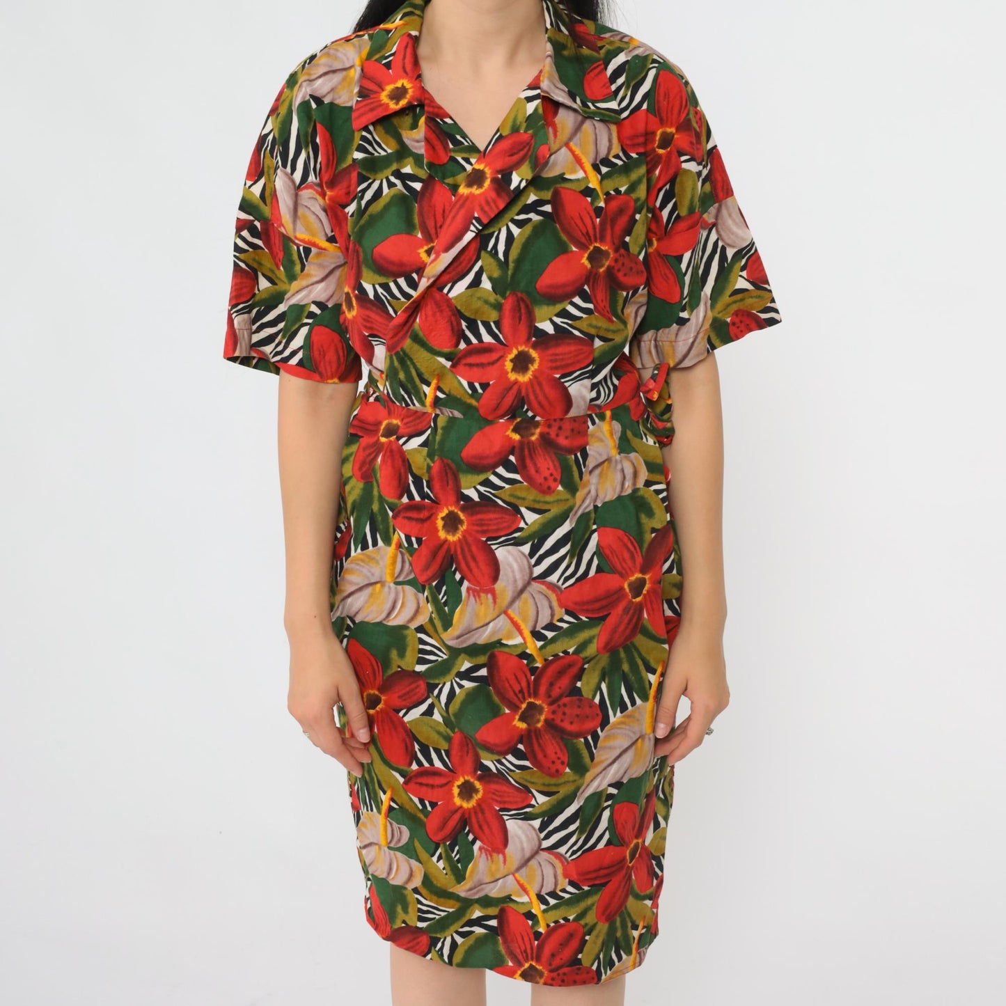 80s Tropical Floral Wrap Dress Knee Length V-Neck Red Green Small