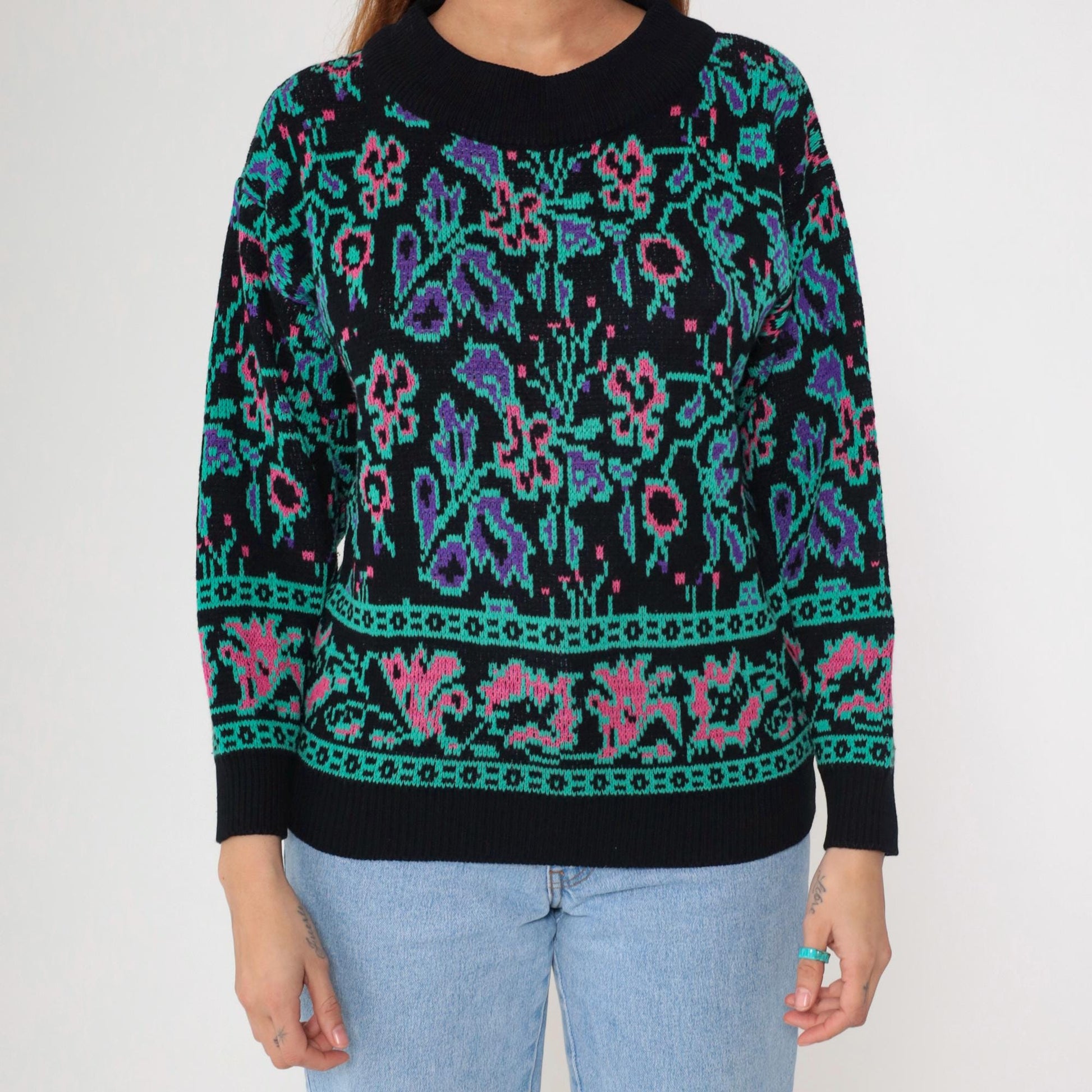80s Abstract Floral Jacquard Sweater Black Knit Crewneck Small