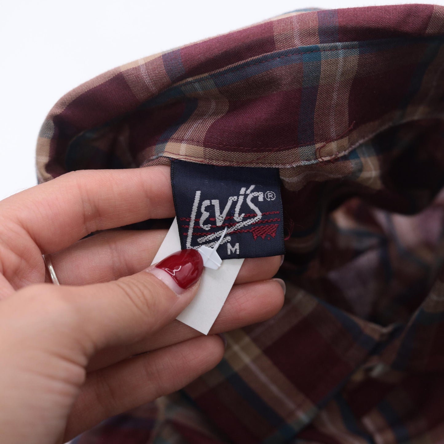 80s Levi's Plaid Button Up Shirt Burgundy Tan Checkered Short Sleeve Medium