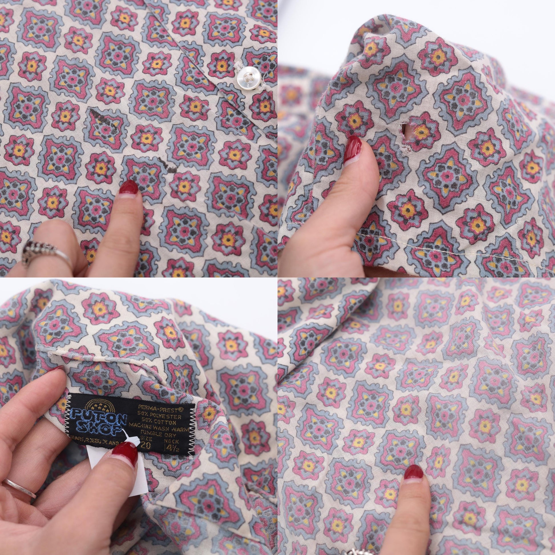 70s Geometric Mandala Button Up Shirt Pointed Collar Short Sleeve White Red Small