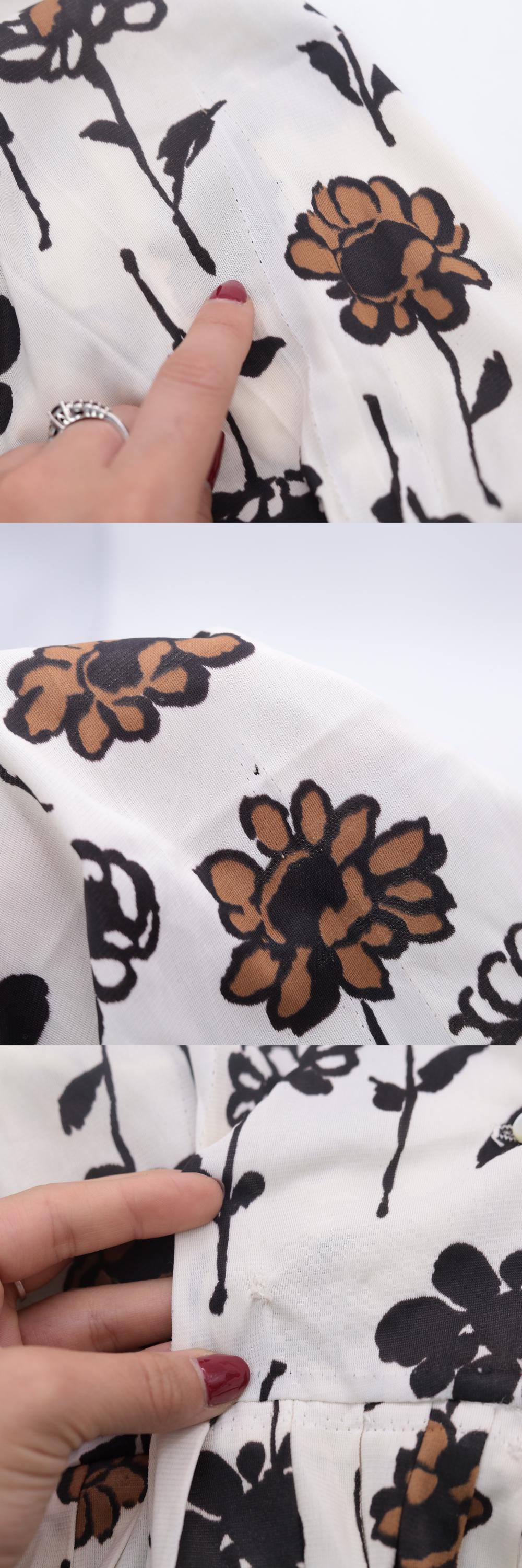 60s White Floral Bow Neck Button-Up Midi Dress Black Brown Print Large L
