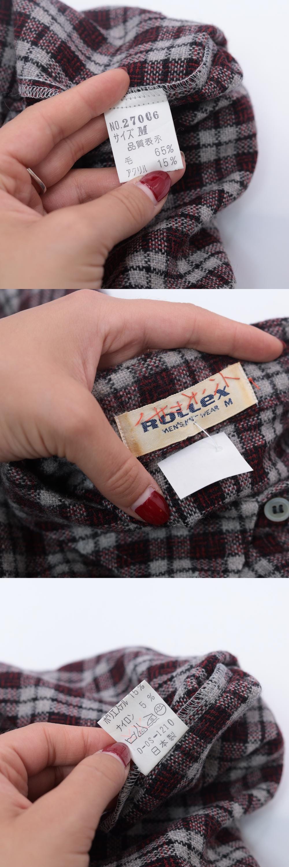 80s Rollex Wool Blend Plaid Button-Up Shirt Grey Red Small