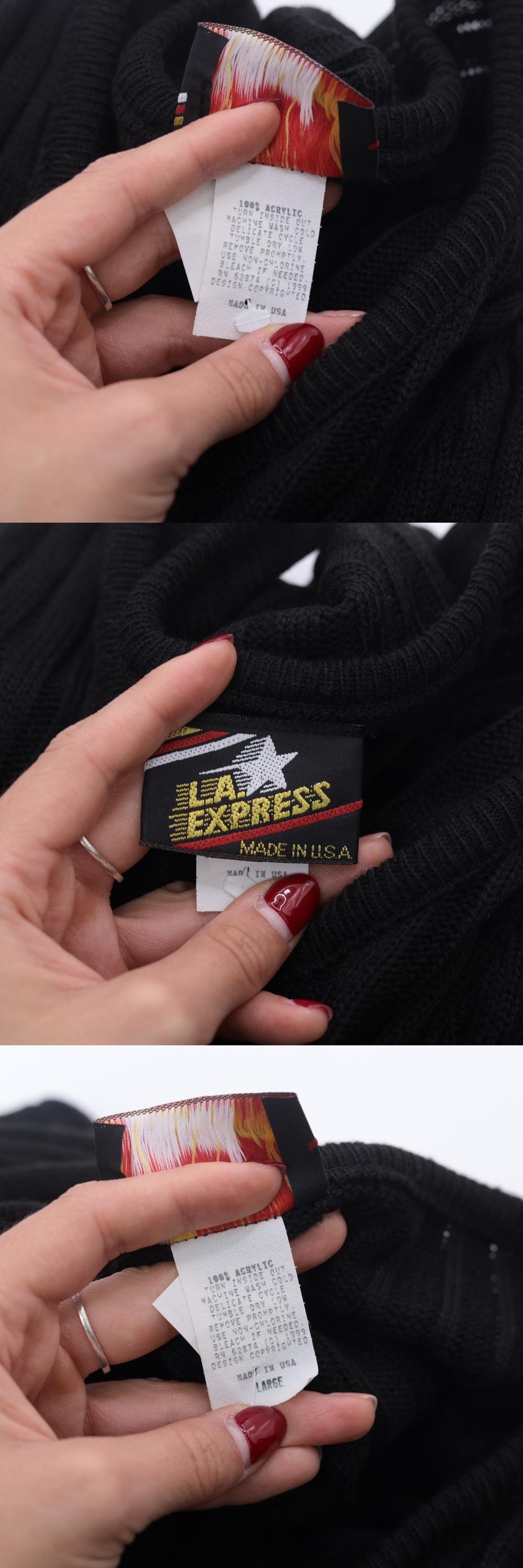 80s LA Express Geometric Bell Sleeve Sweater Black Knit Cropped V-Neck Medium