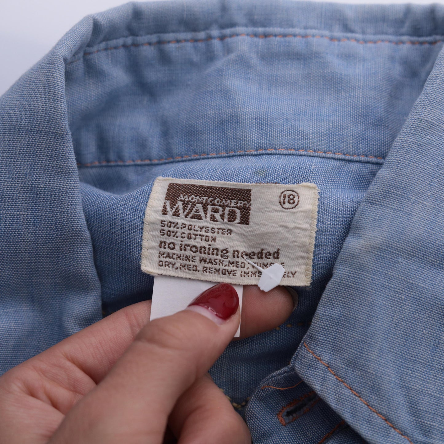 70s Montgomery Ward Chambray Shirt Embroidered Saguaro Cactus Mouse Blue Small