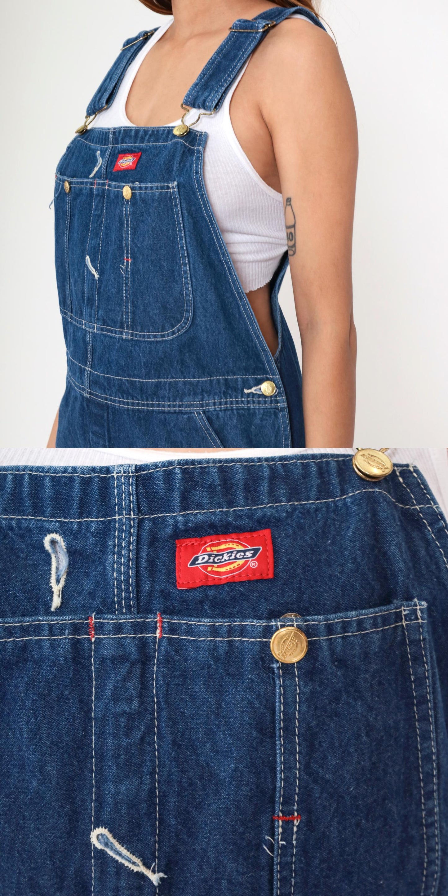 Y2K Dickies Bib Overalls Dark Wash Denim Cargo Hammer Loop 32x34