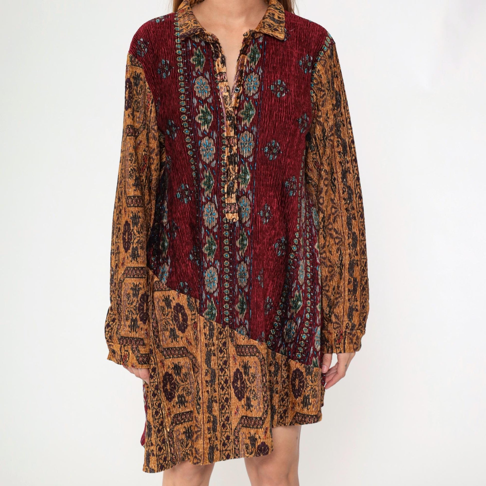 90s Paris Hues Floral Crinkle Mini Dress Burgundy Brown Asymmetrical Hem Medium Large