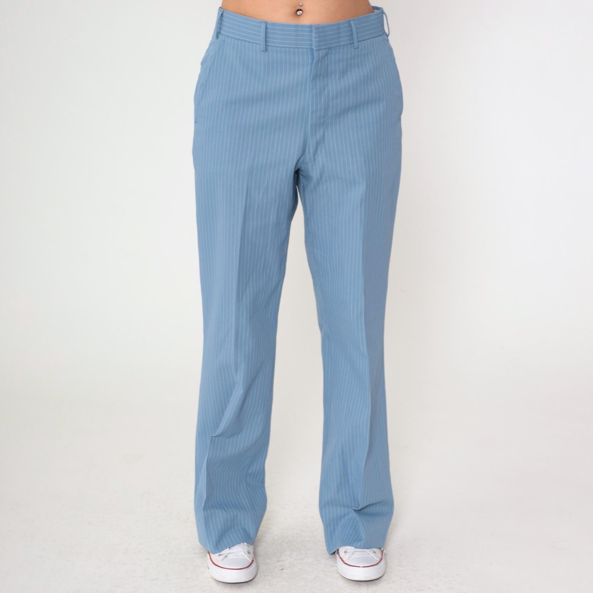 70s Blue Pinstripe Straight Leg Trousers High Waist White Stripes Men's Medium 32