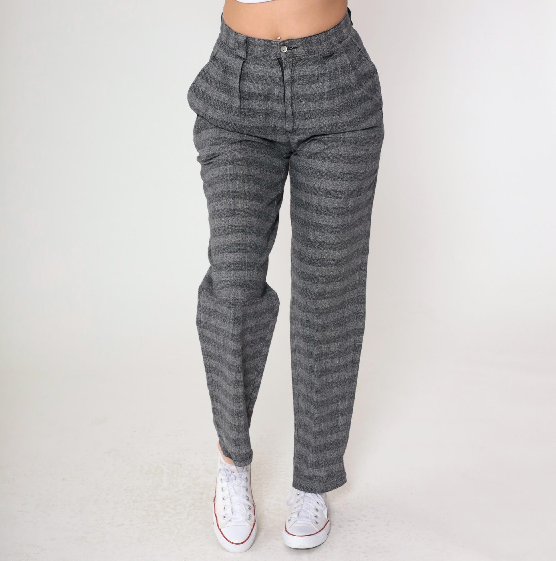 80s Generra Grey Striped Pleated Trousers High Waist Tapered Cotton Small