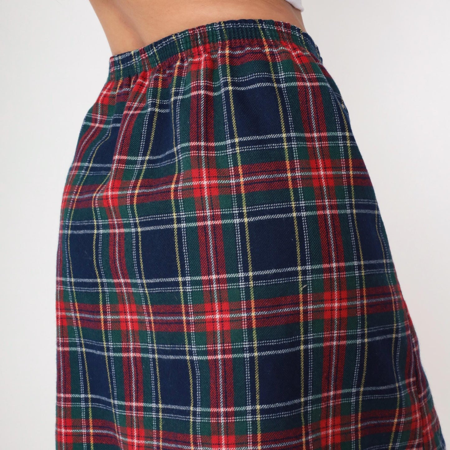80s Plaid Mini Skirt Navy Red Green Elastic Waist Straight Pencil Medium