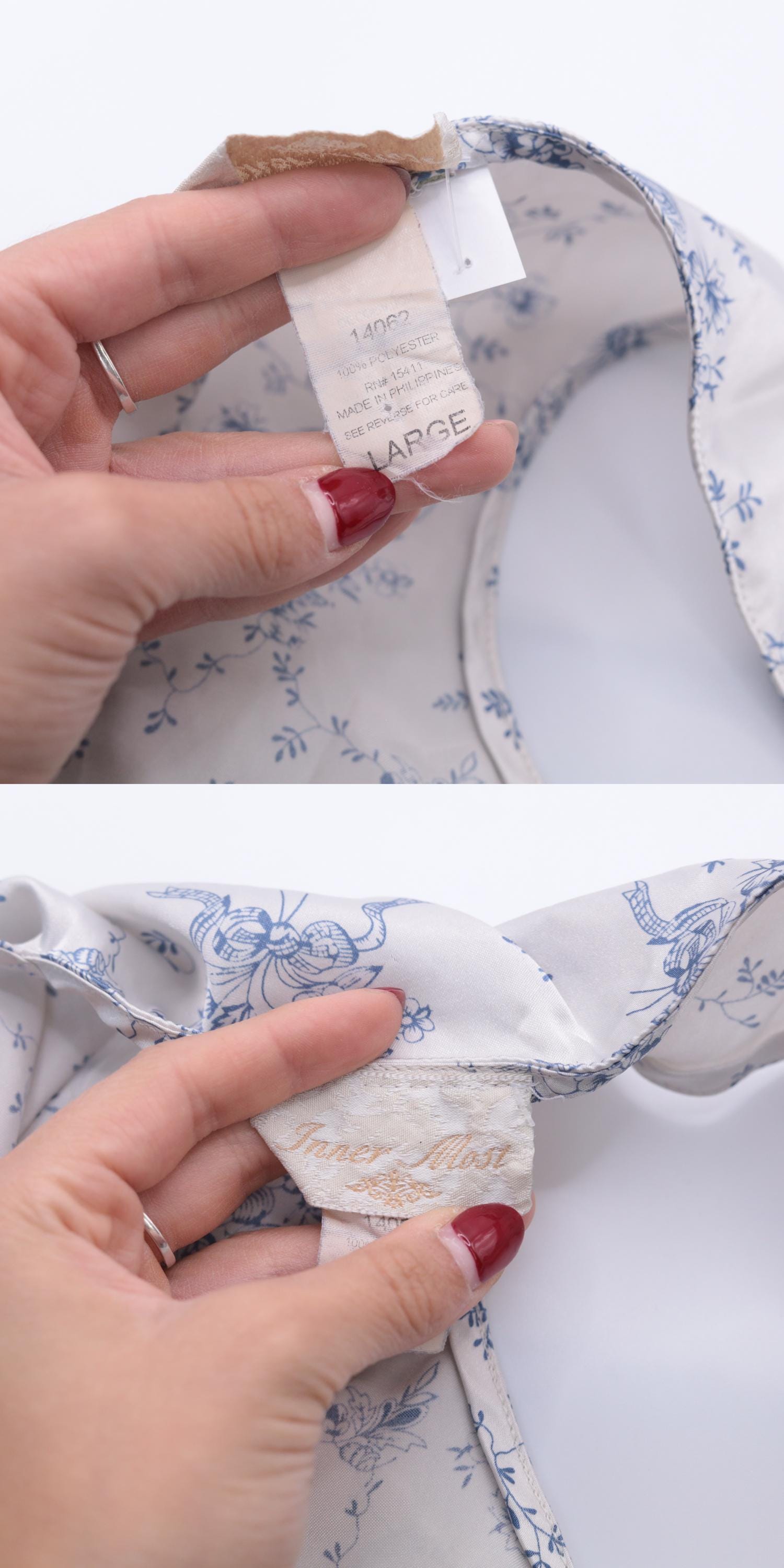 90s White Satin Slip Dress Blue Floral Bouquet Print Mini V-Neck Large L