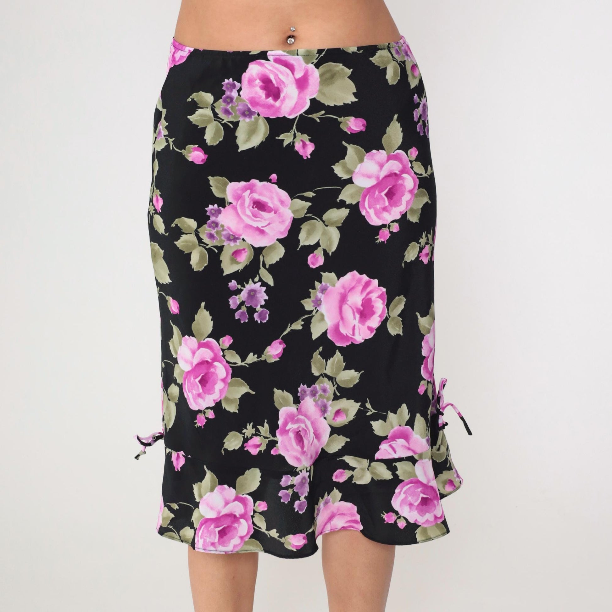 90s Black Floral Midi Skirt Fuchsia Pink Print Ruffled Hem Medium