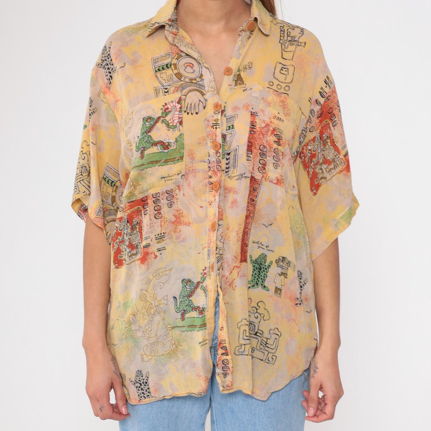 90s Aztec Print Button Down Shirt Yellow Abstract Figures Medium