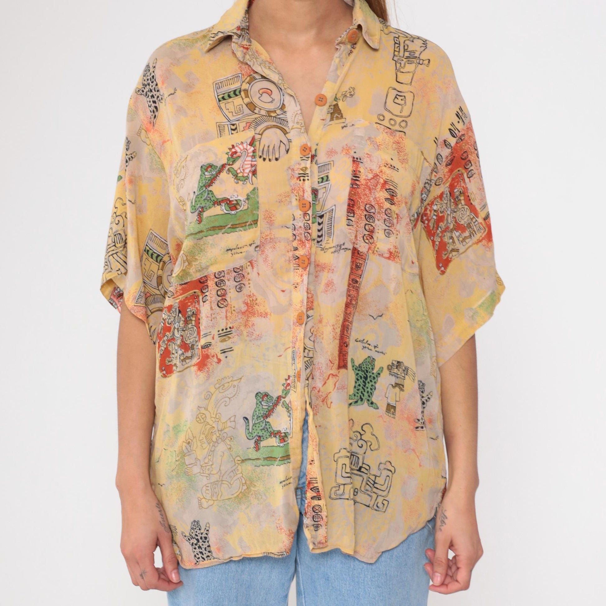90s Aztec Print Button Down Shirt Yellow Abstract Figures Medium