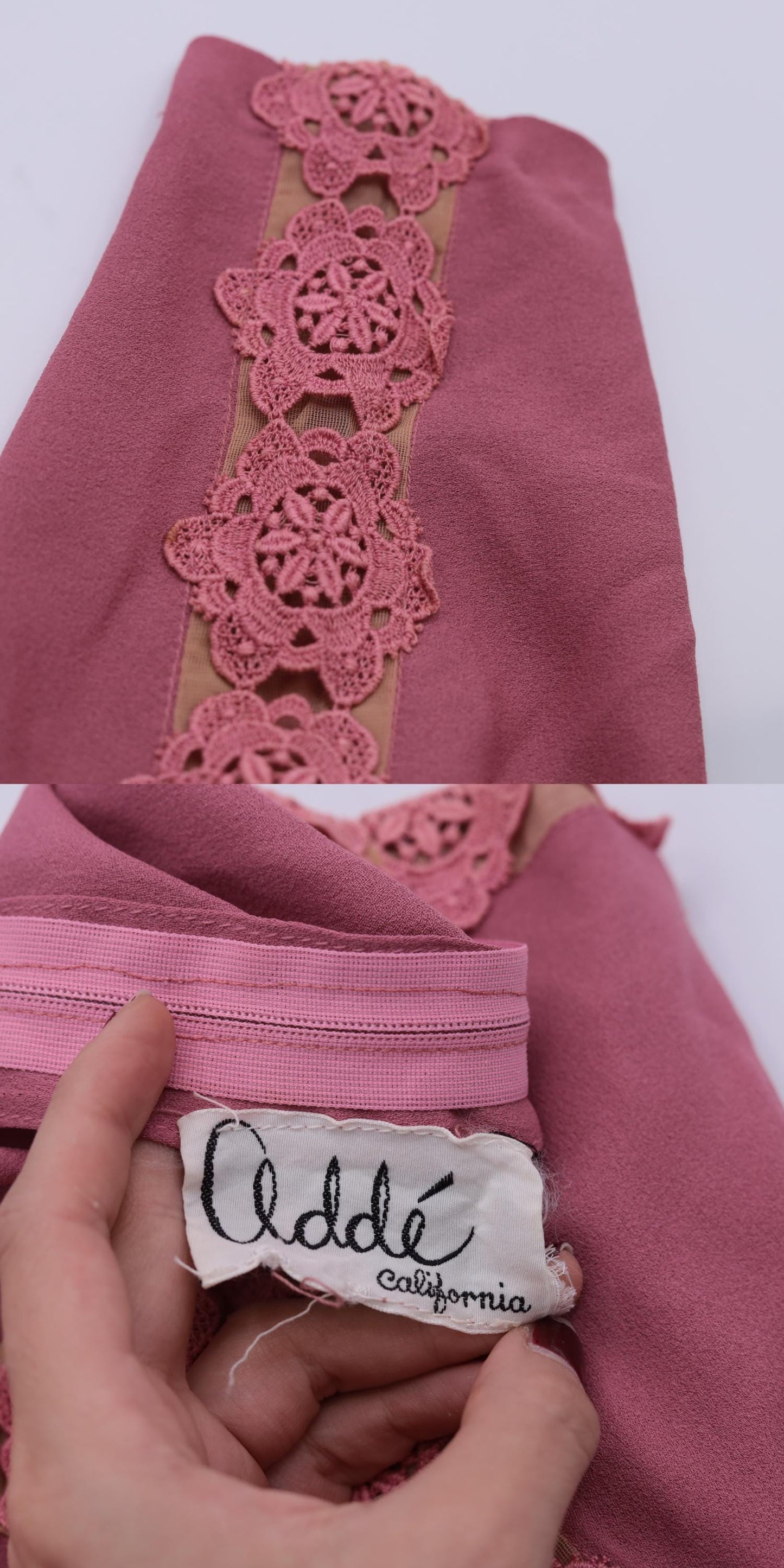 70s Pink Midi Dress Lace Trim Dolman Sleeve High Waisted Belted Medium