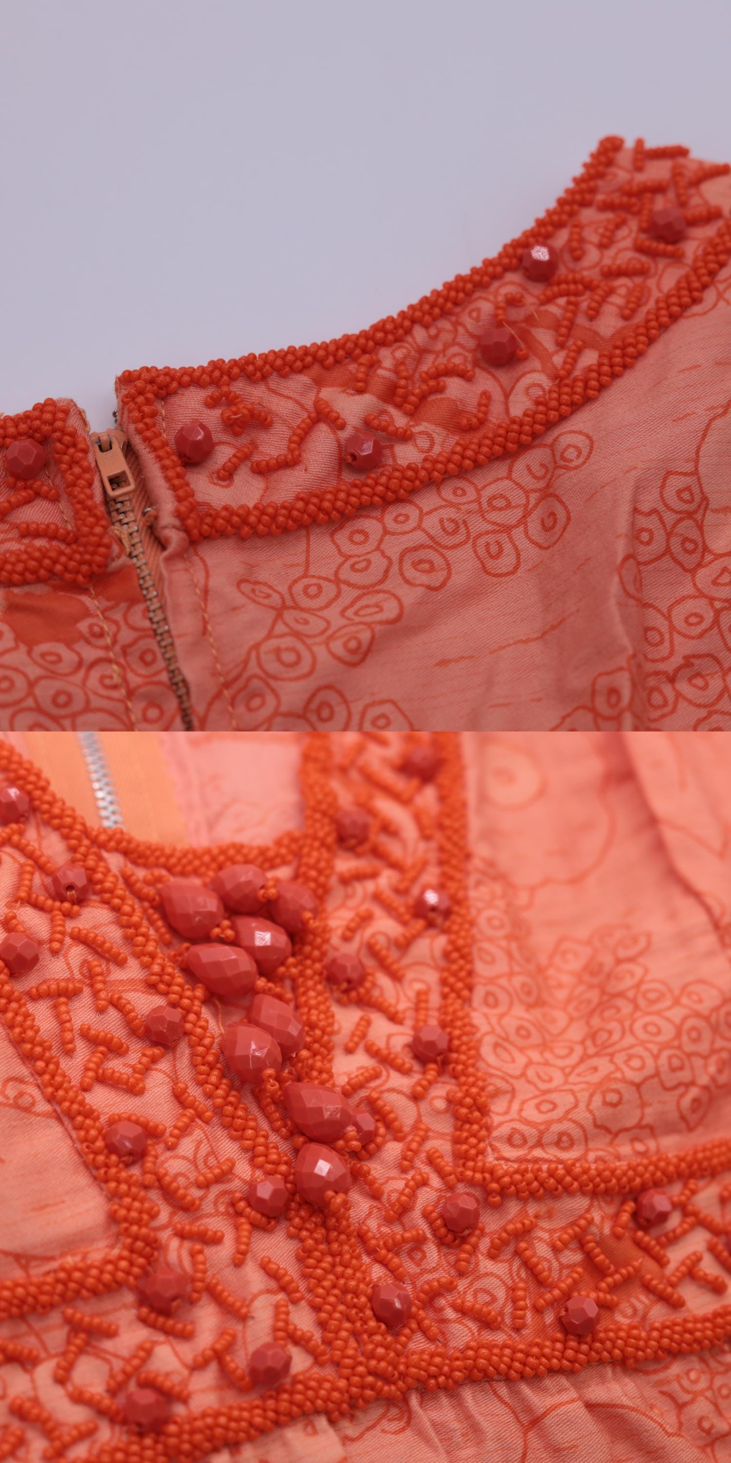 70s Orange Floral Beaded Maxi Dress Empire Waist V Neck Sleeveless Medium