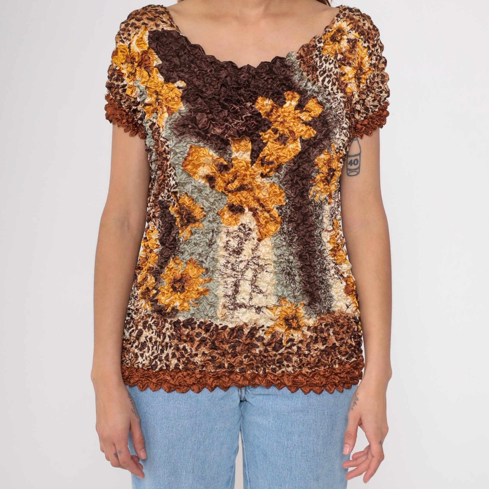 Y2K Popcorn Blouse Floral Leopard Print Brown Textured Short Sleeve Small Medium