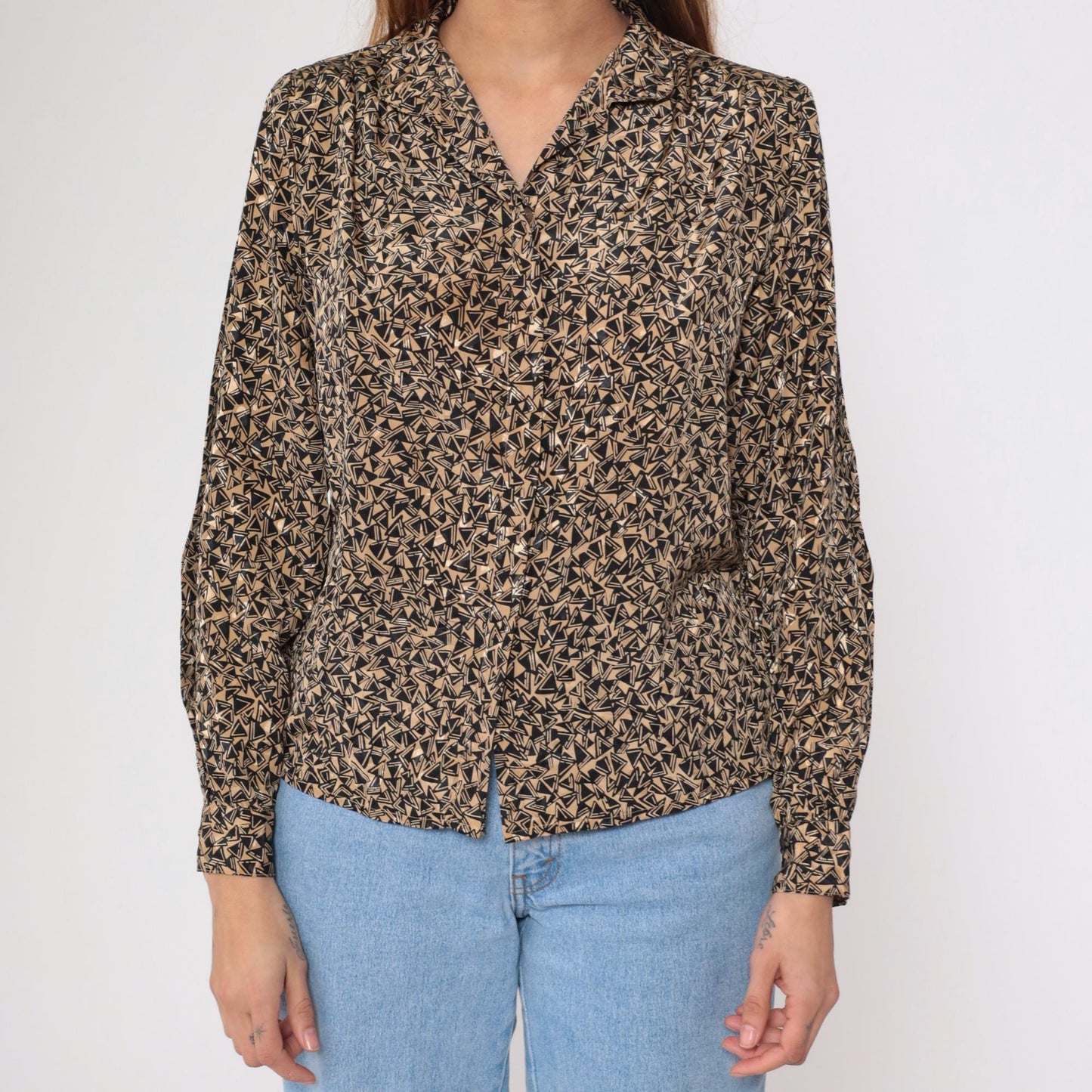 80s Geometric Jacquard Button Up Blouse Tan Black Puff Sleeve Small