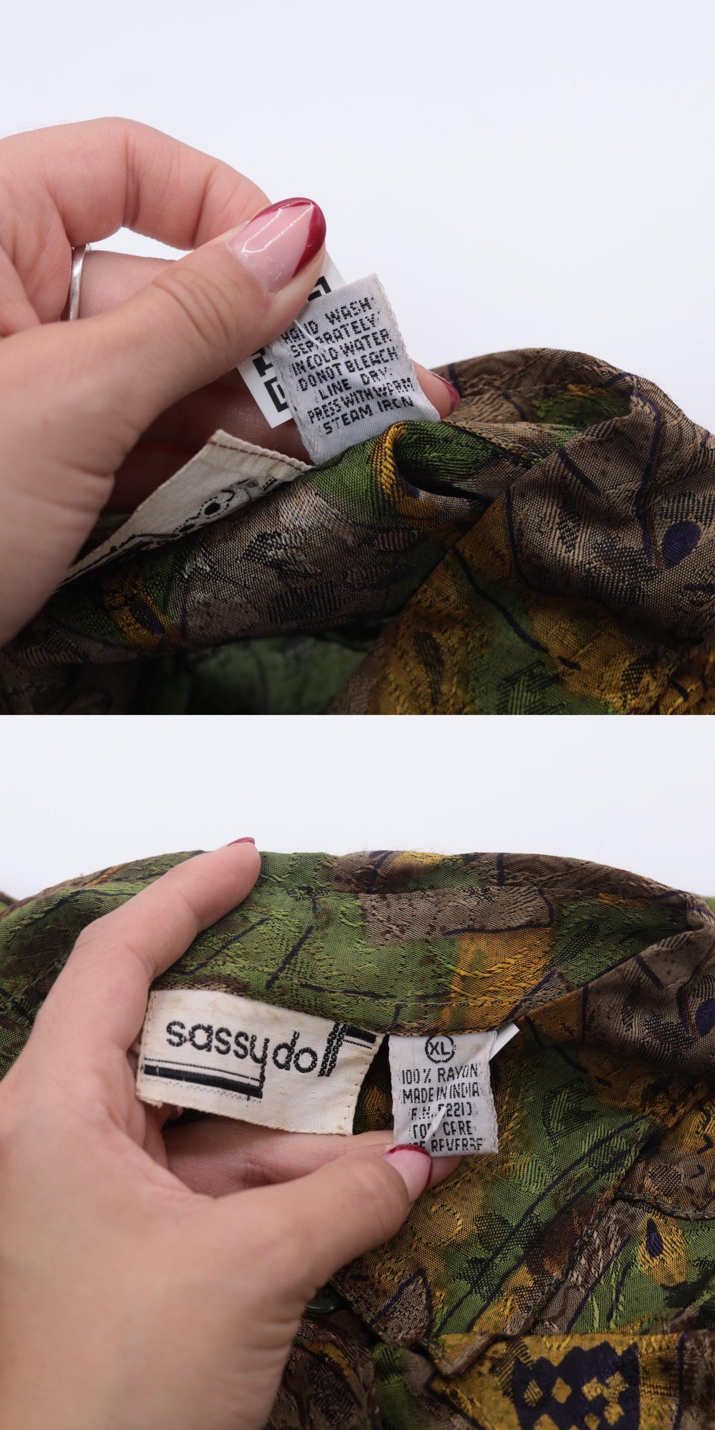 90s Geometric Button Up Shirt Brown Green Yellow Tropical Print Extra Large XL