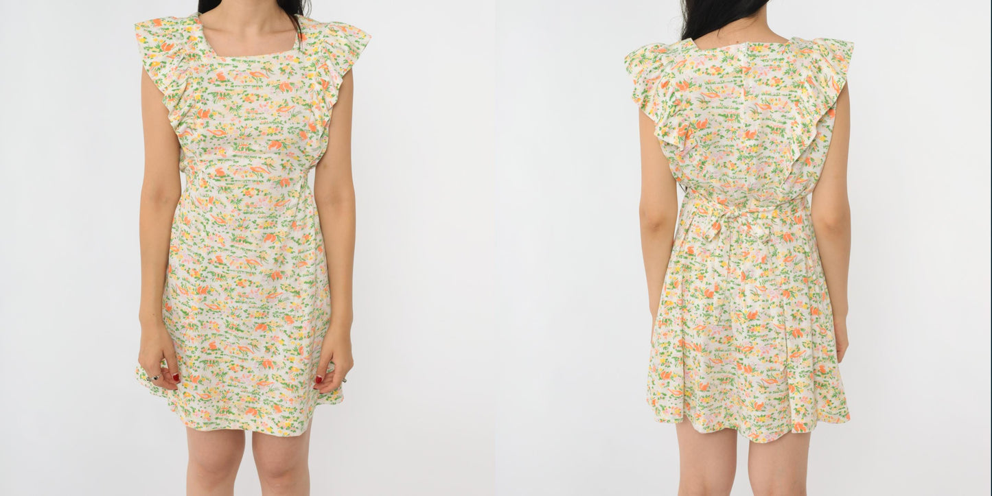 70s Animal Print Mini Shift Dress Novelty Rabbits Squirrels Birds White Medium