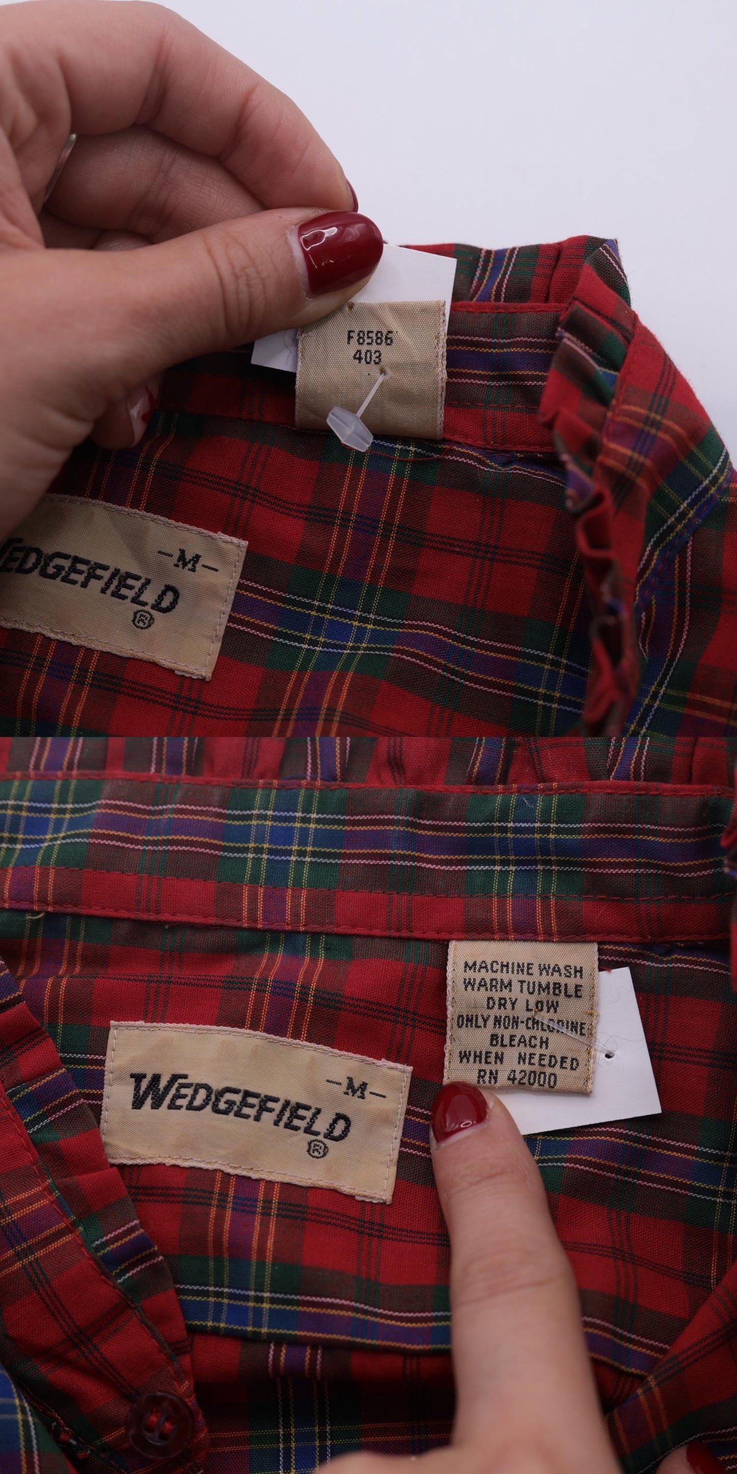 80s Red Plaid Button-Up Blouse Ruffled Collar Long Sleeve Medium M