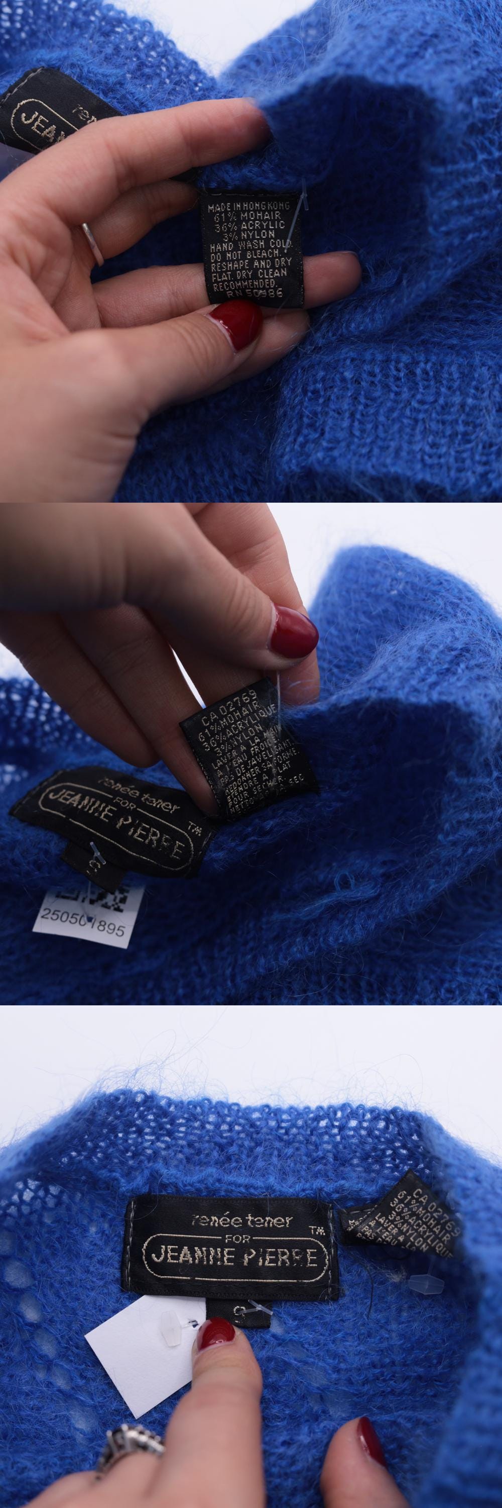 80s Jeanne Pierre Mohair Pointelle Sweater Top Royal Blue Cap Sleeve Small