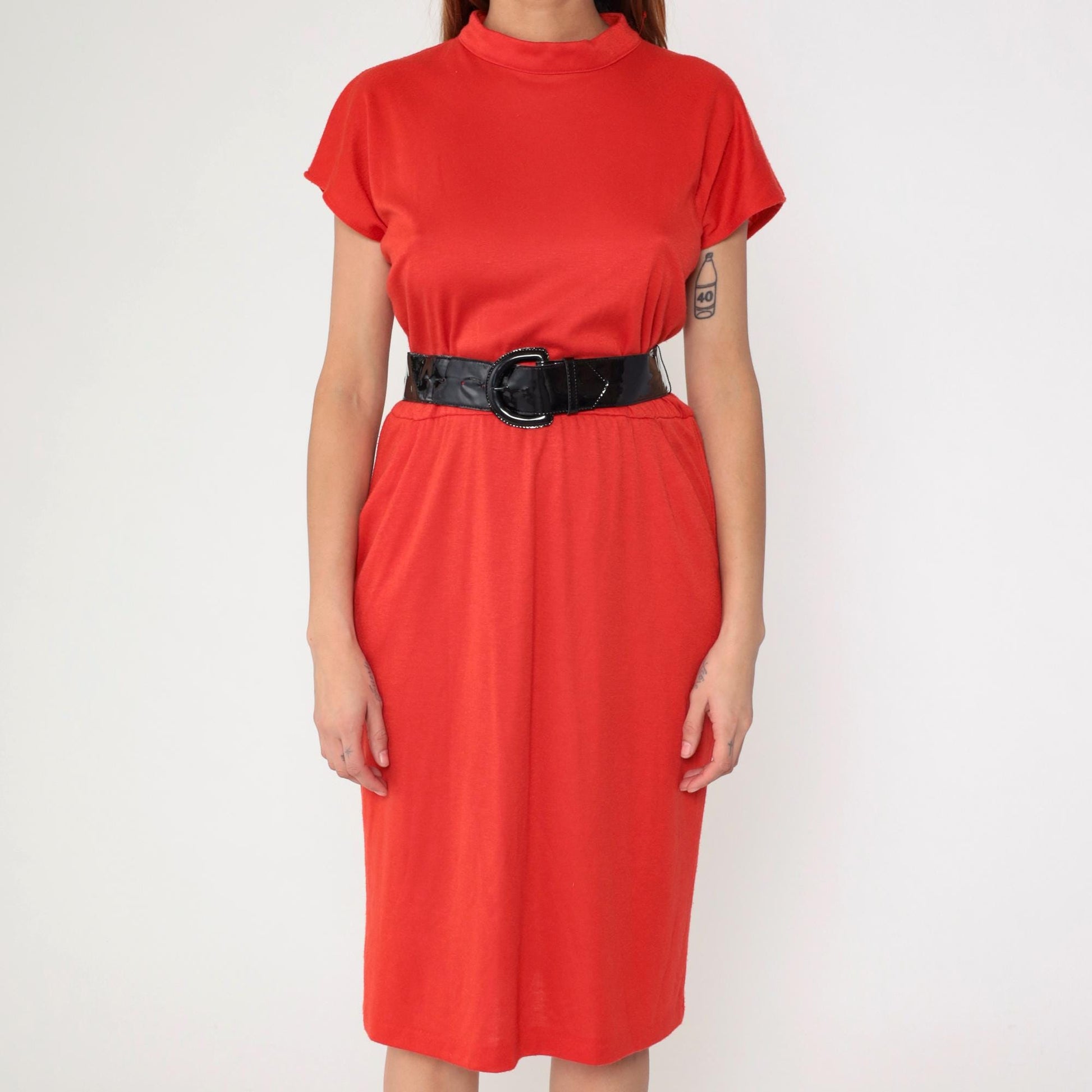 80s Red Pencil Dress with Black Patent Belt Mock Neck Medium M