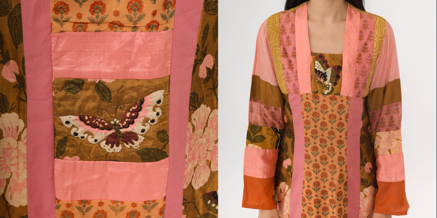 70s Patchwork Maxi Dress Butterfly Floral Pink Brown Silk Blend Small