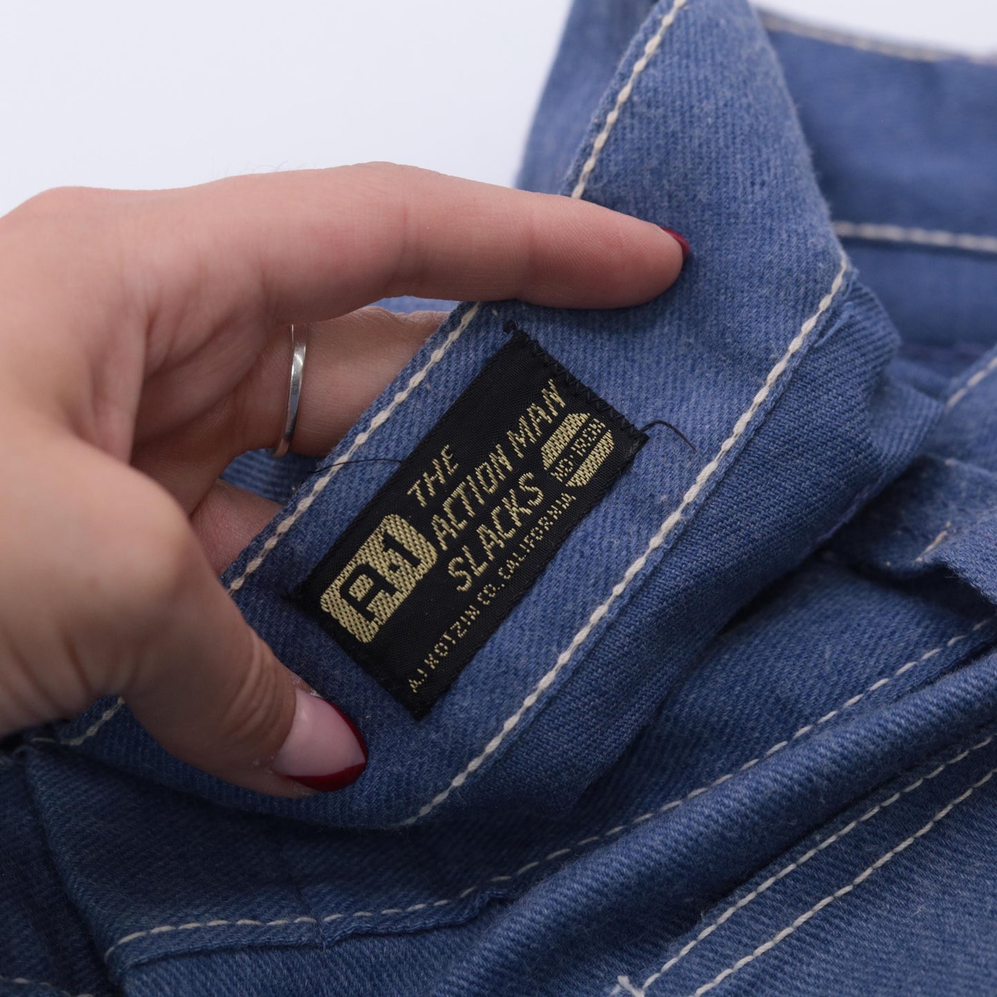 70s Blue Twill Bell Bottom Pants Mid Rise Flared Trousers Men's Medium
