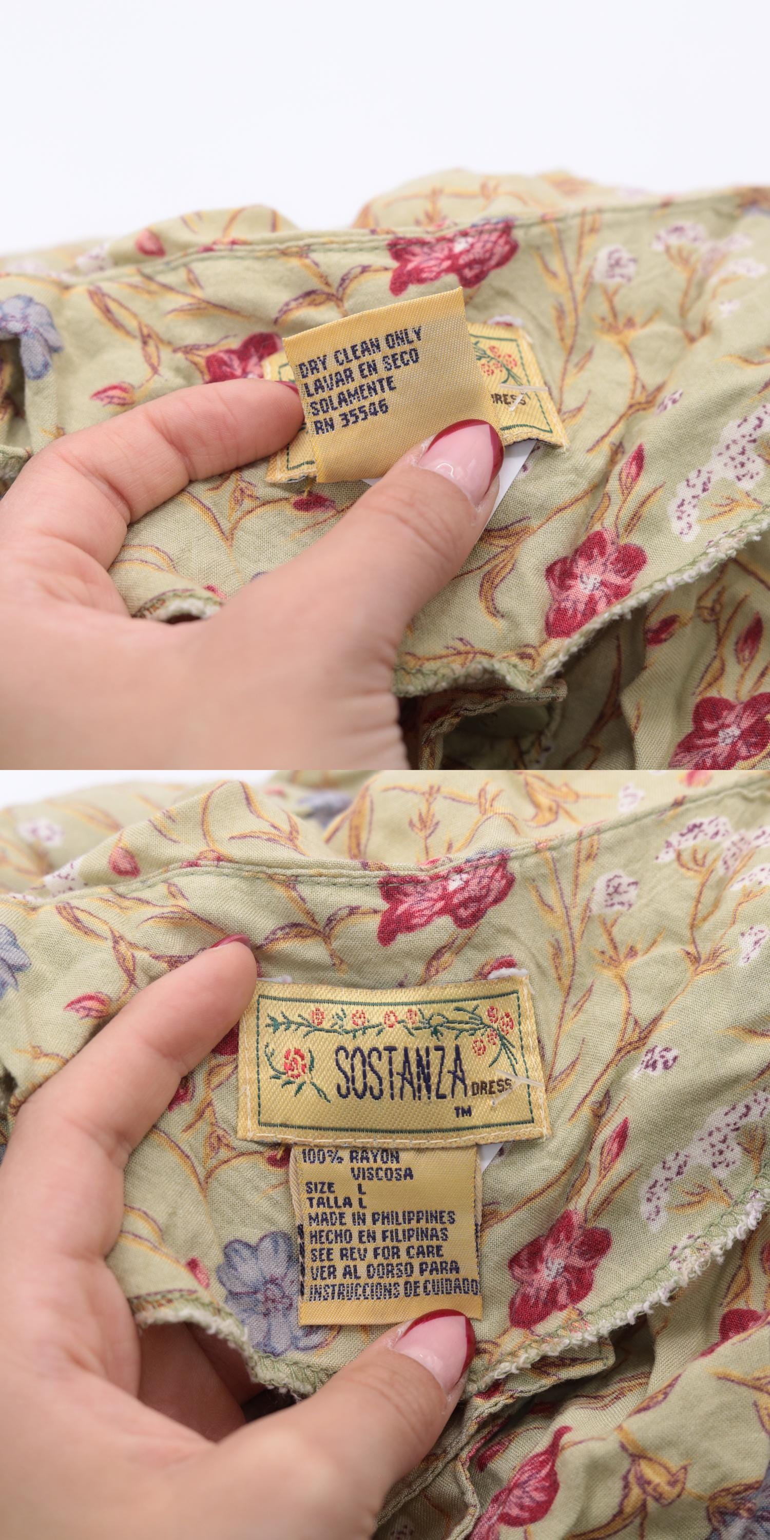 90s Sostanza Floral Button-Up Midi Dress Avocado Green High Waist Medium Large