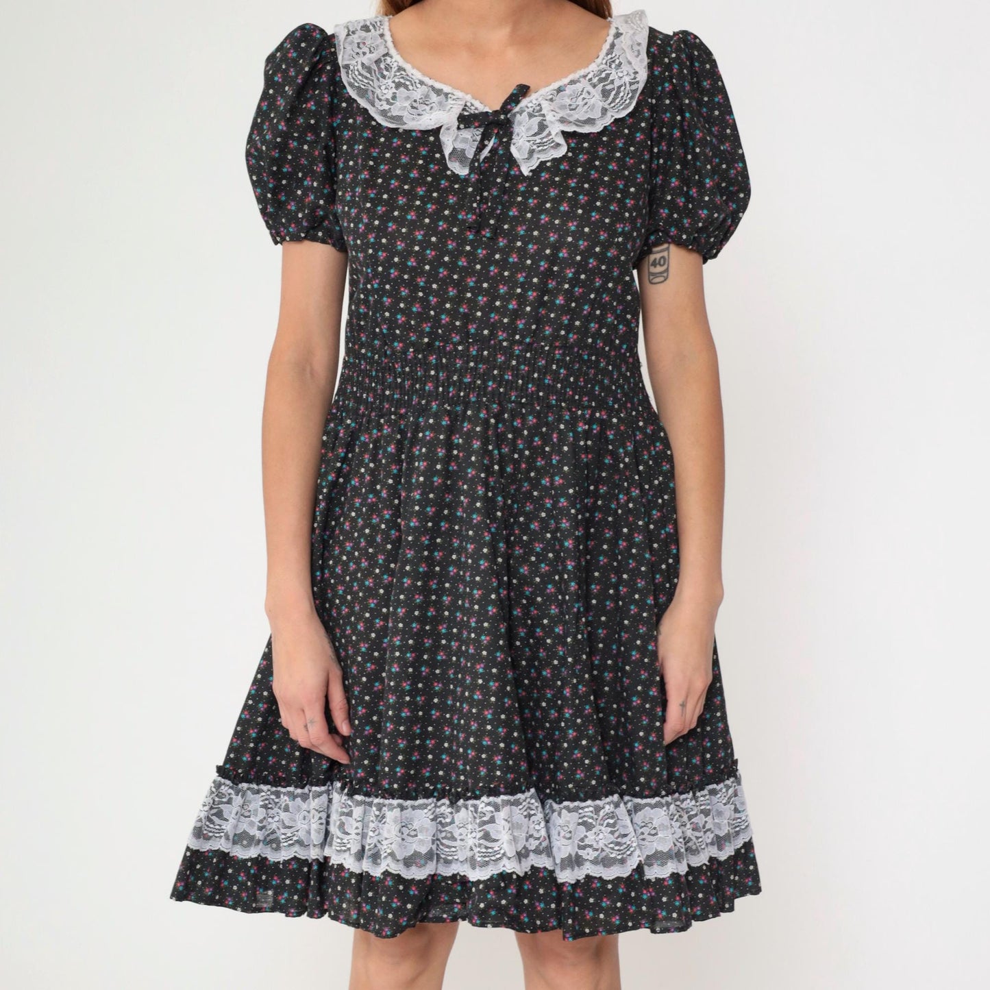 70s Black Calico Floral Prairie Dress Puff Sleeve High Waist Mini Small Medium