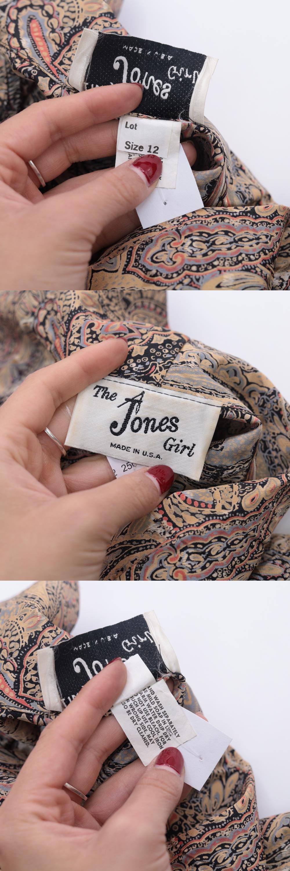 80s The Jones Girl Paisley Midi Dress High Waist Button Up Beige Medium