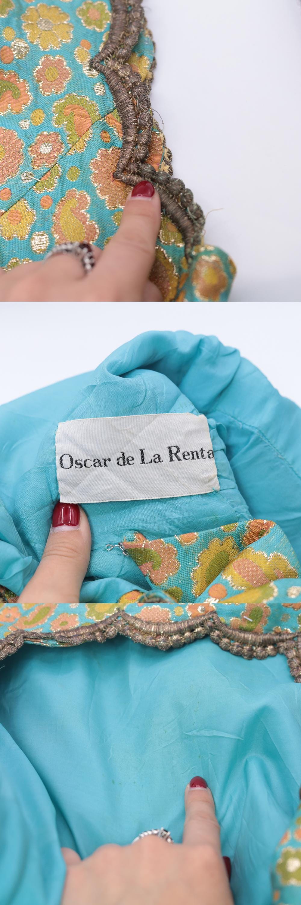 60s Oscar de la Renta Turquoise Brocade Dress Metallic Floral V Neck Small