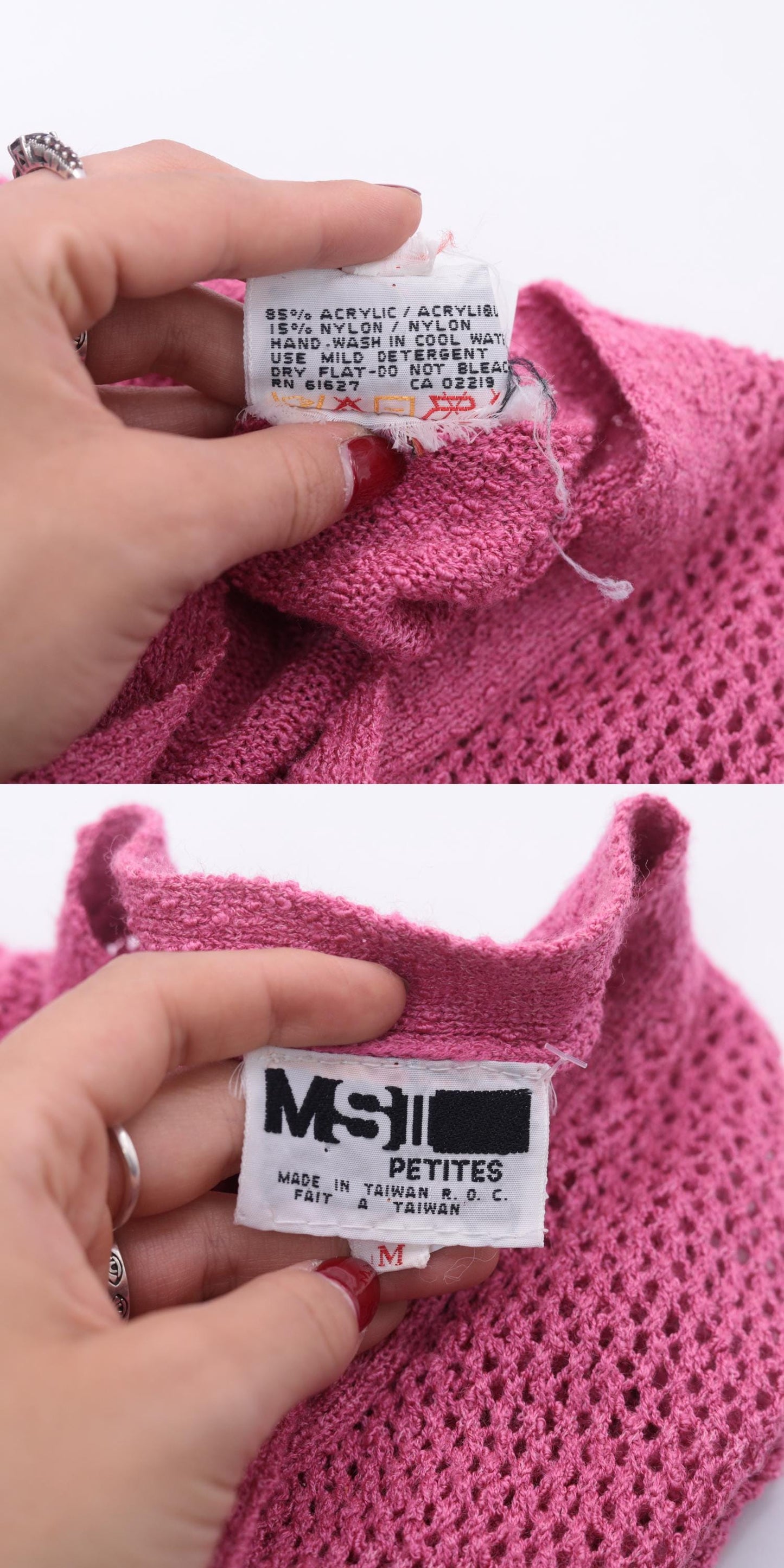 80s Pink Pointelle Knit Midi Dress Tie Neck Puff Sleeve Medium