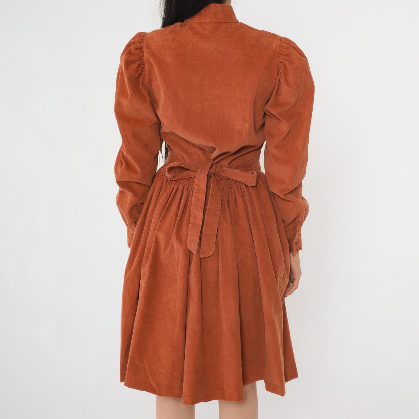 80s Rust Corduroy Midi Dress High Neck Puff Sleeve Fitted Waist Small