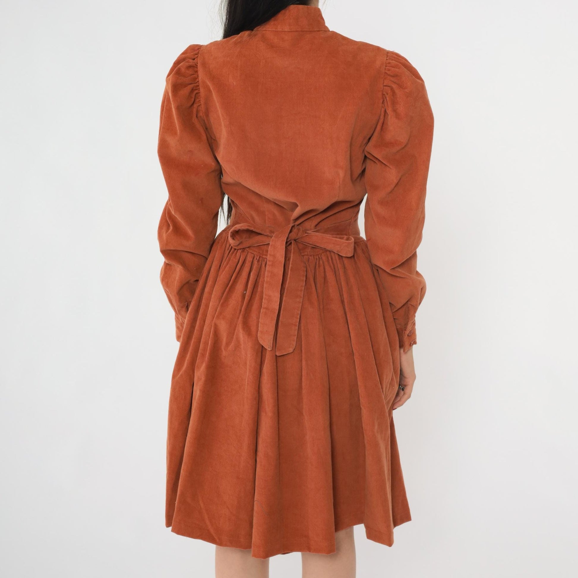 80s Rust Corduroy Midi Dress High Neck Puff Sleeve Fitted Waist Small