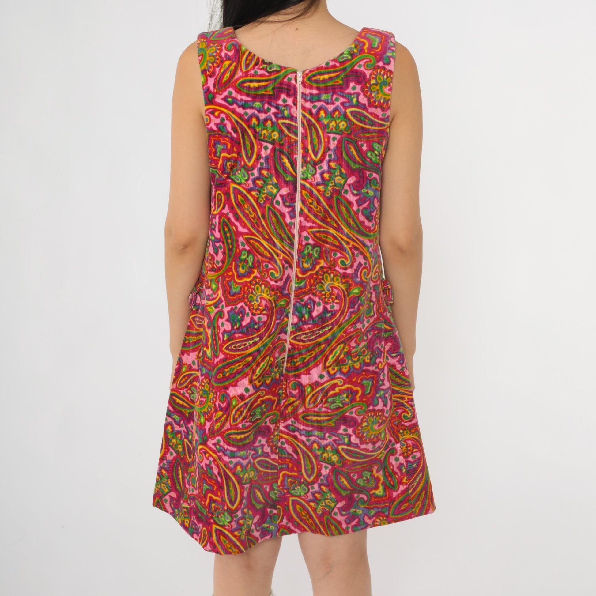 60s Pincord Psychedelic Paisley Corduroy Mini Dress Pink Scoop Neck Small