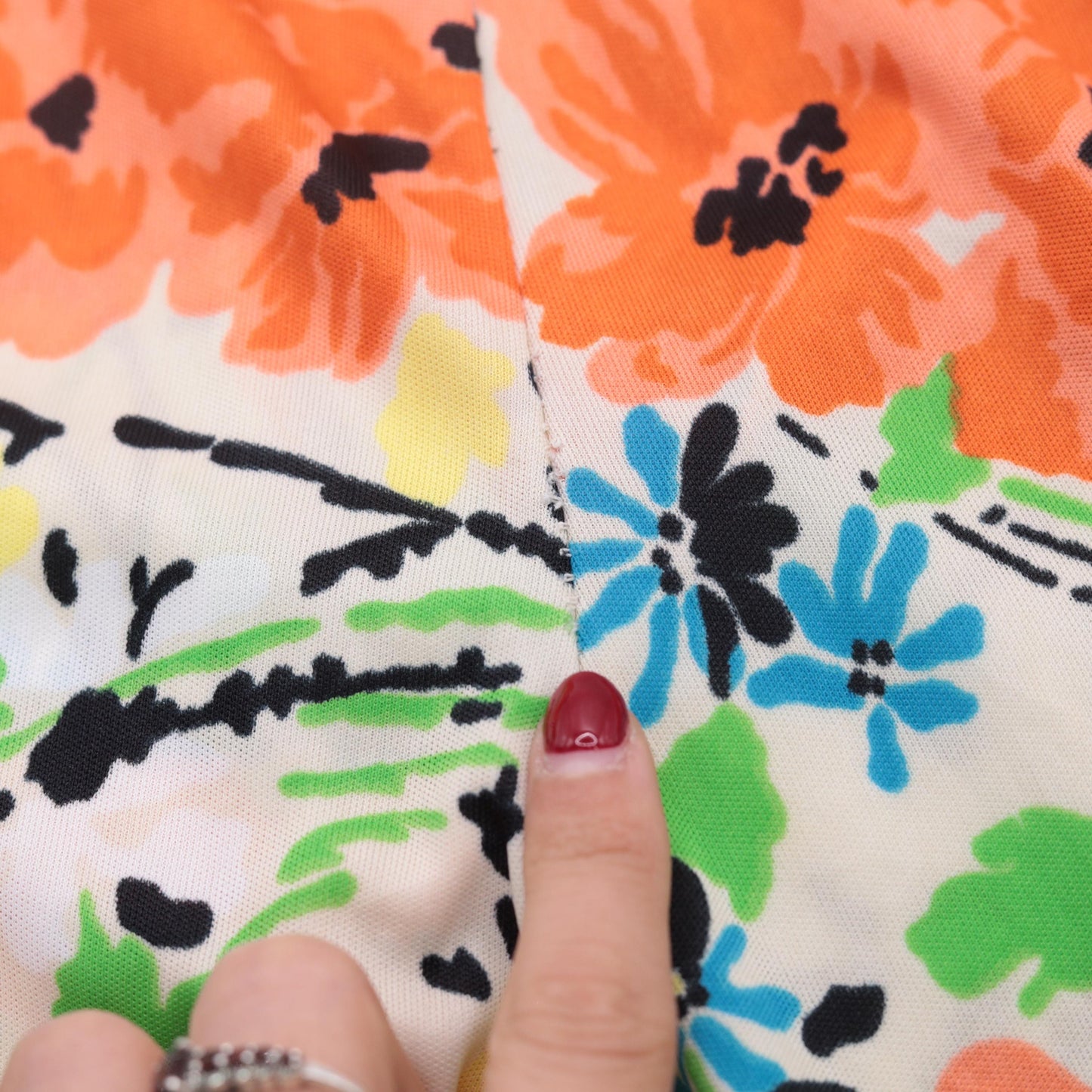 70s Floral Straight Leg Pants Cream Orange High Waist Elastic Pull On XS