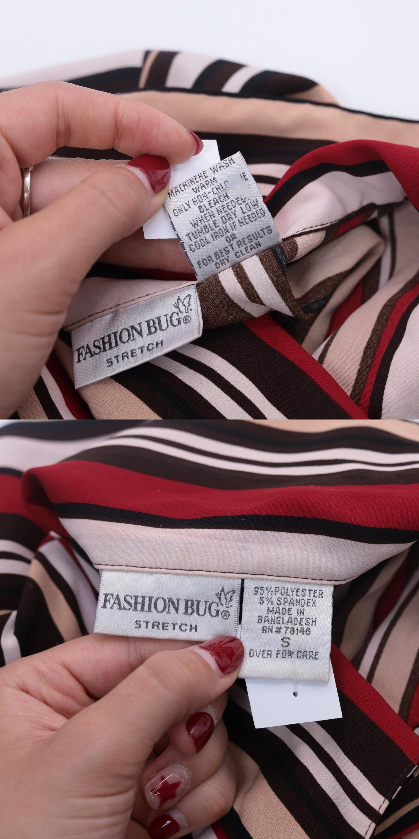 Y2K Chevron Stripe Button Up Blouse Red Brown Tan White Long Sleeve Small S