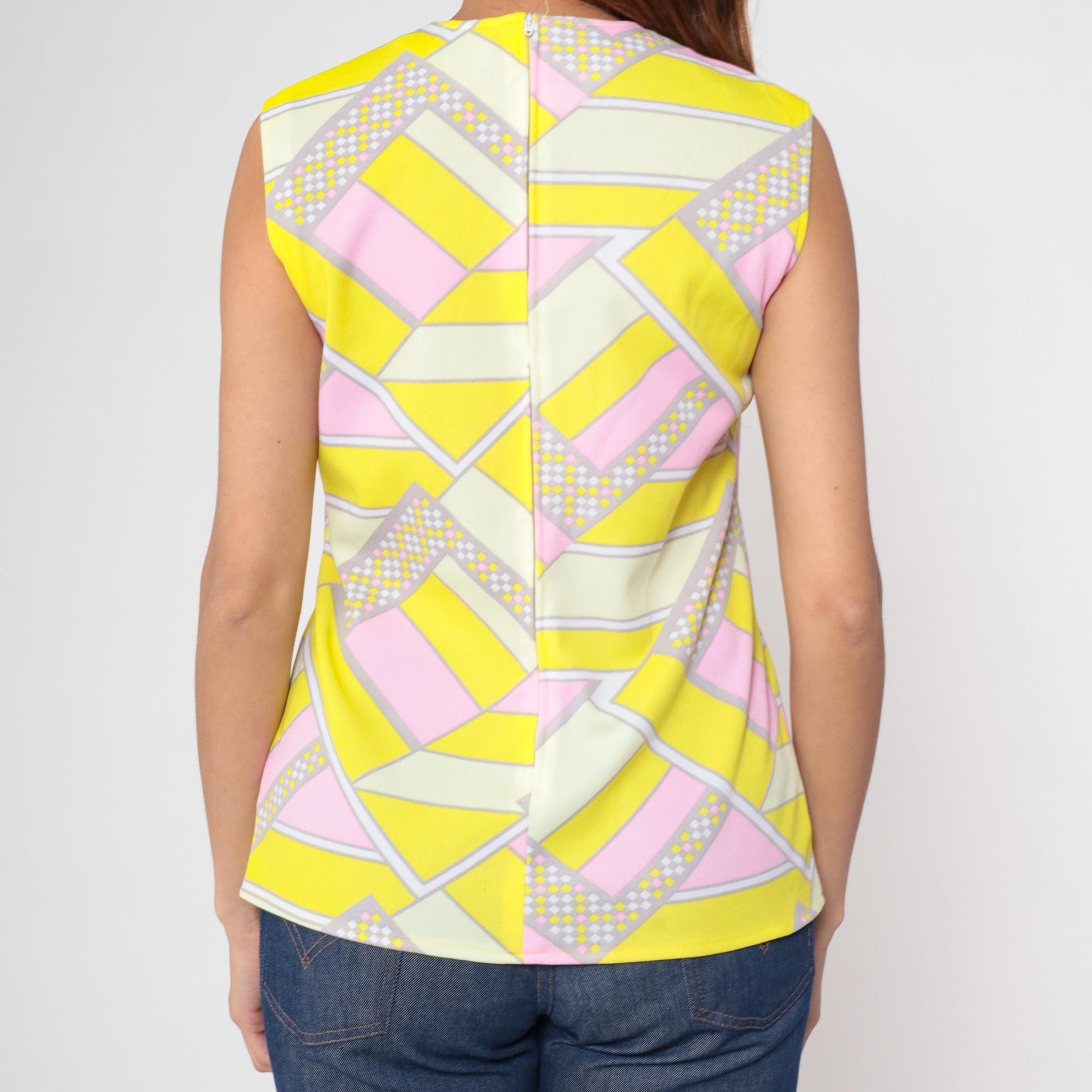 70s Geometric Tank Top Psychedelic Print Pink Yellow Sleeveless Medium M