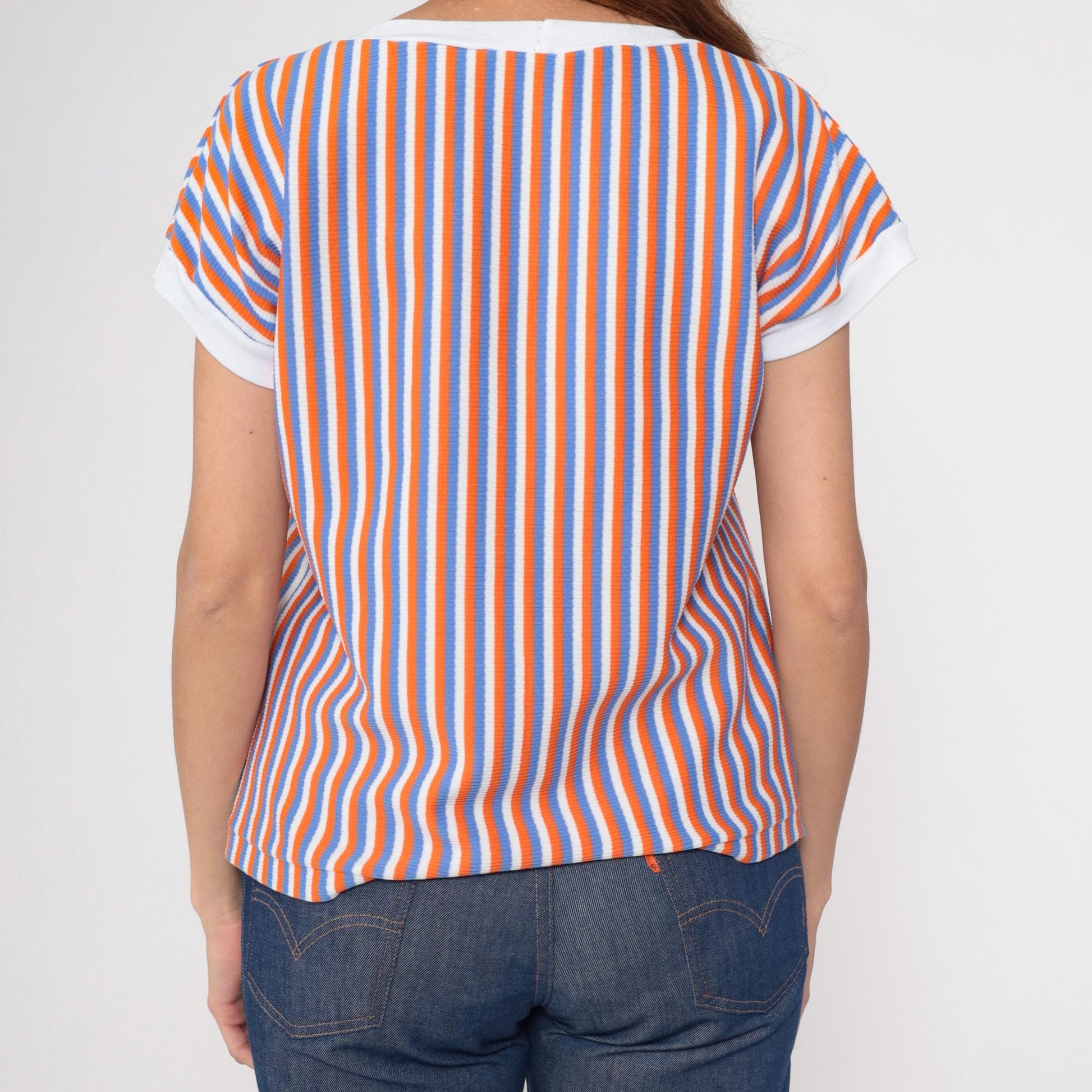 80s Striped Ringer Tee White Orange Blue Cap Sleeve Shirt Medium