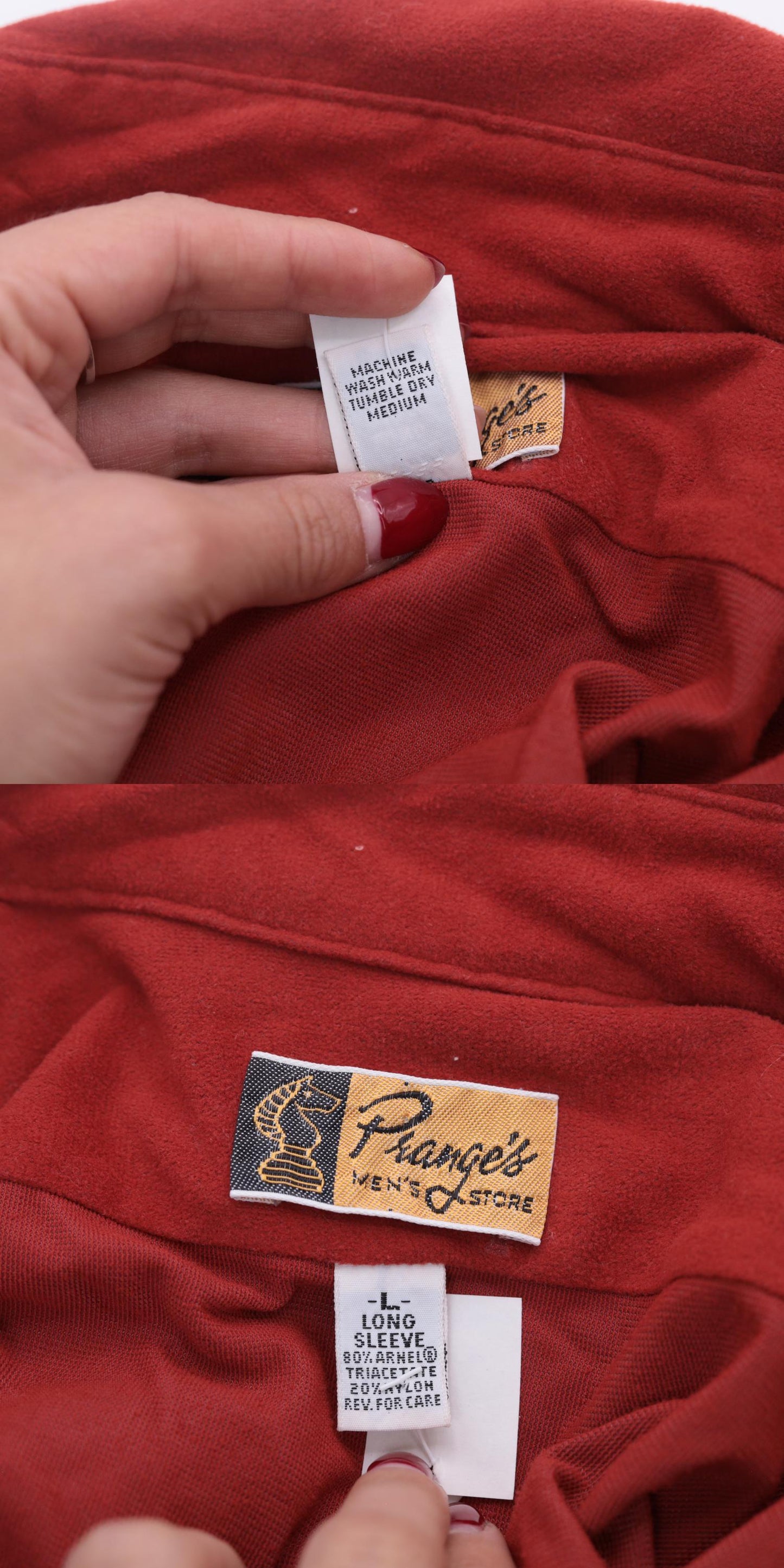 70s Prange's Rust Red Velour Button-Up Shirt Long Sleeve Collared Men's Large L