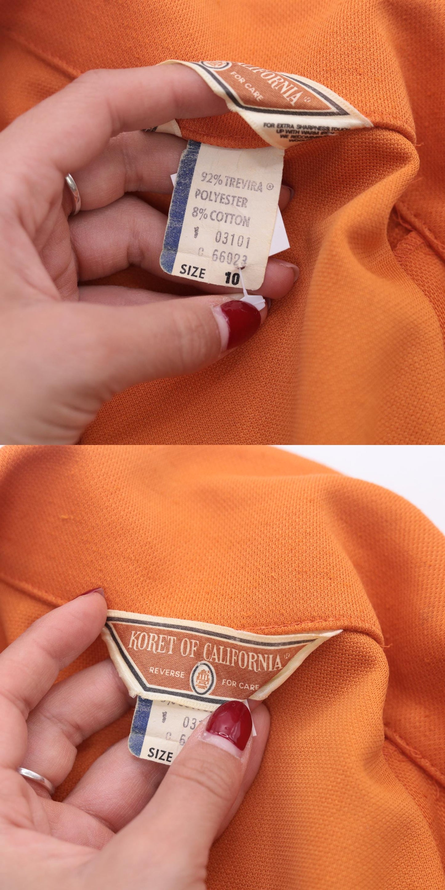 70s Koret of California Orange Button-Up Blouse Toggle Collar Short Sleeve Small