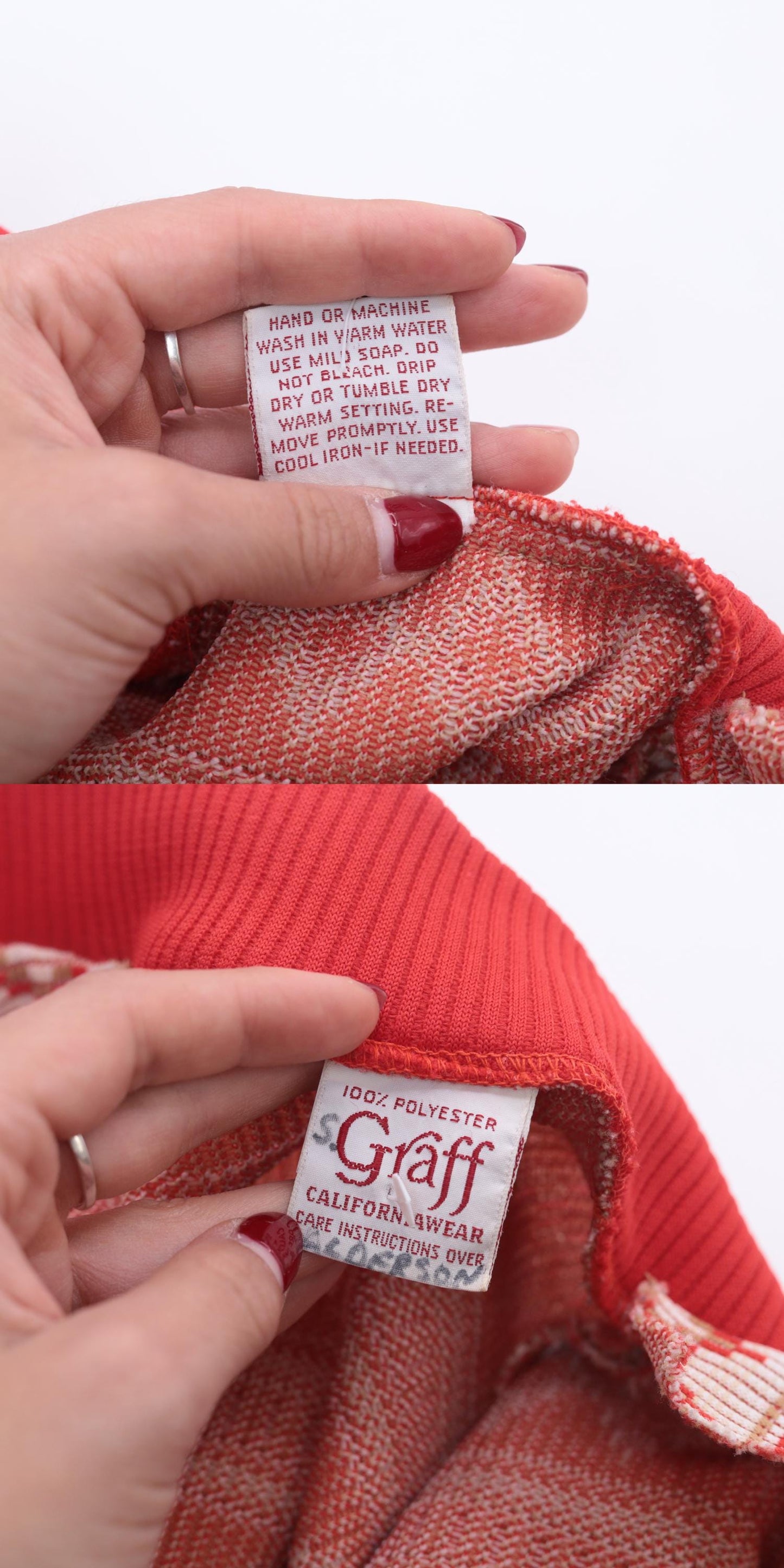 70s Geometric Striped Zip-Up Blouse Red Mock Neck Long Sleeve Large