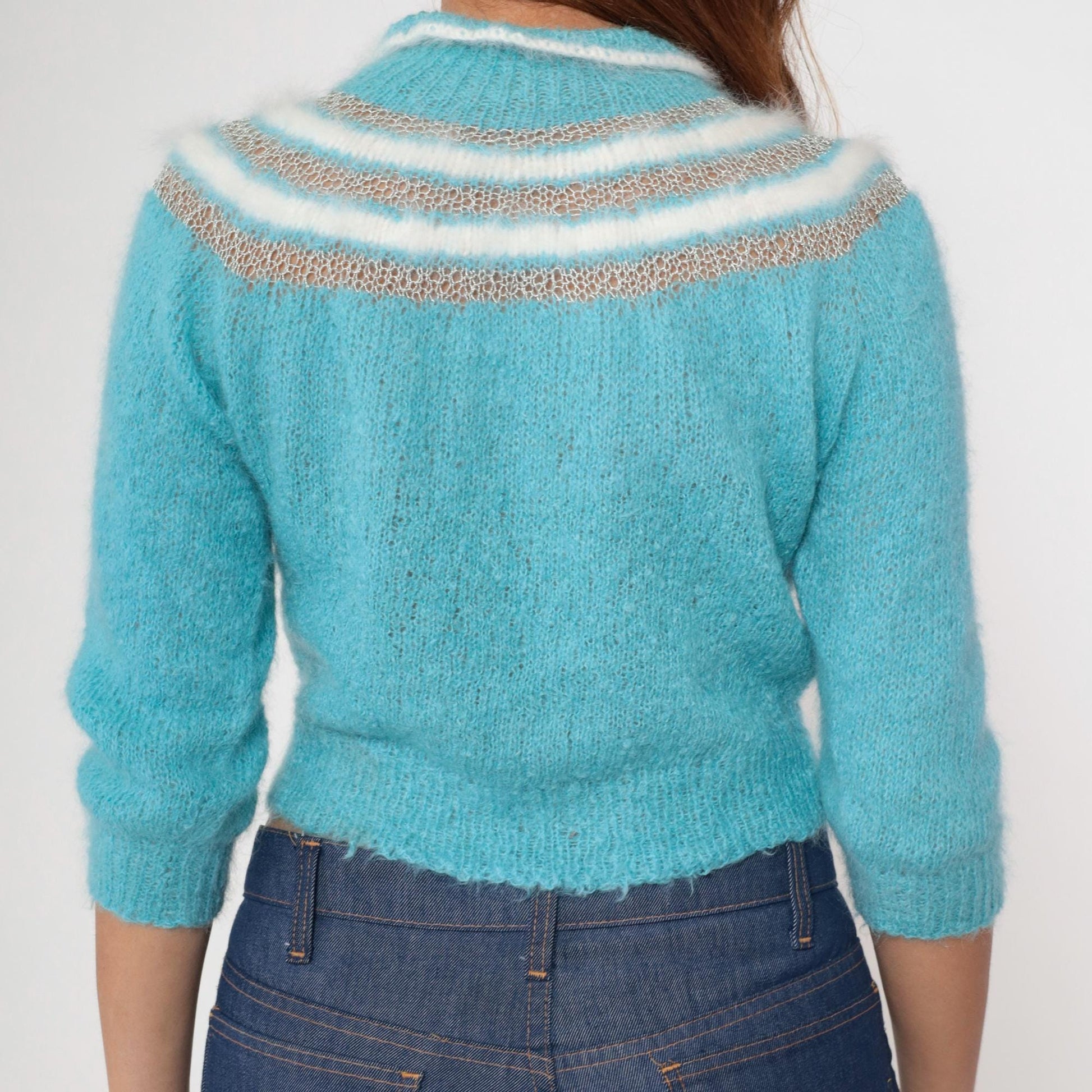 80s Blue Cropped Knit Sweater Keyhole Neckline Openwork Pullover Extra Small