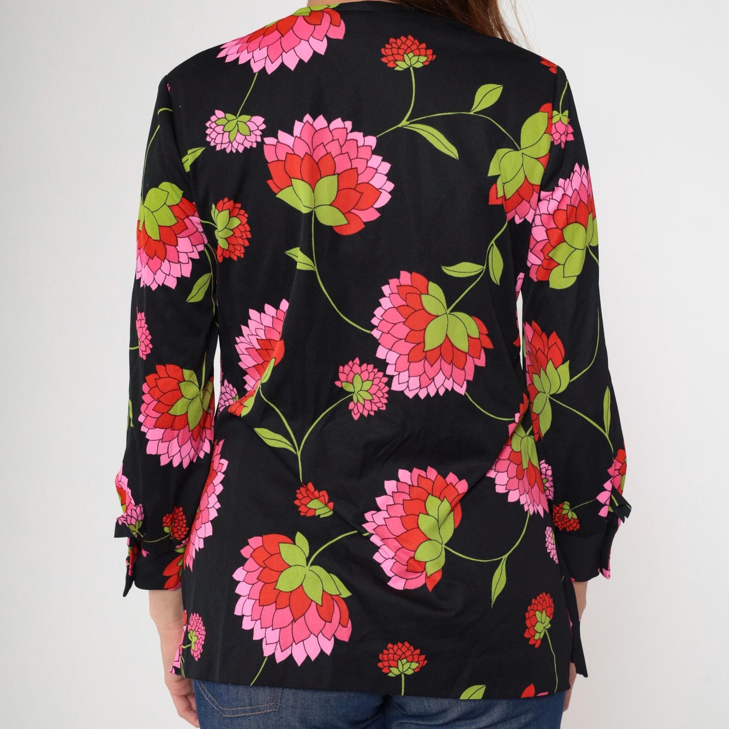 70s Black Floral Open Front Blouse Pink Green Print Long Sleeve Medium