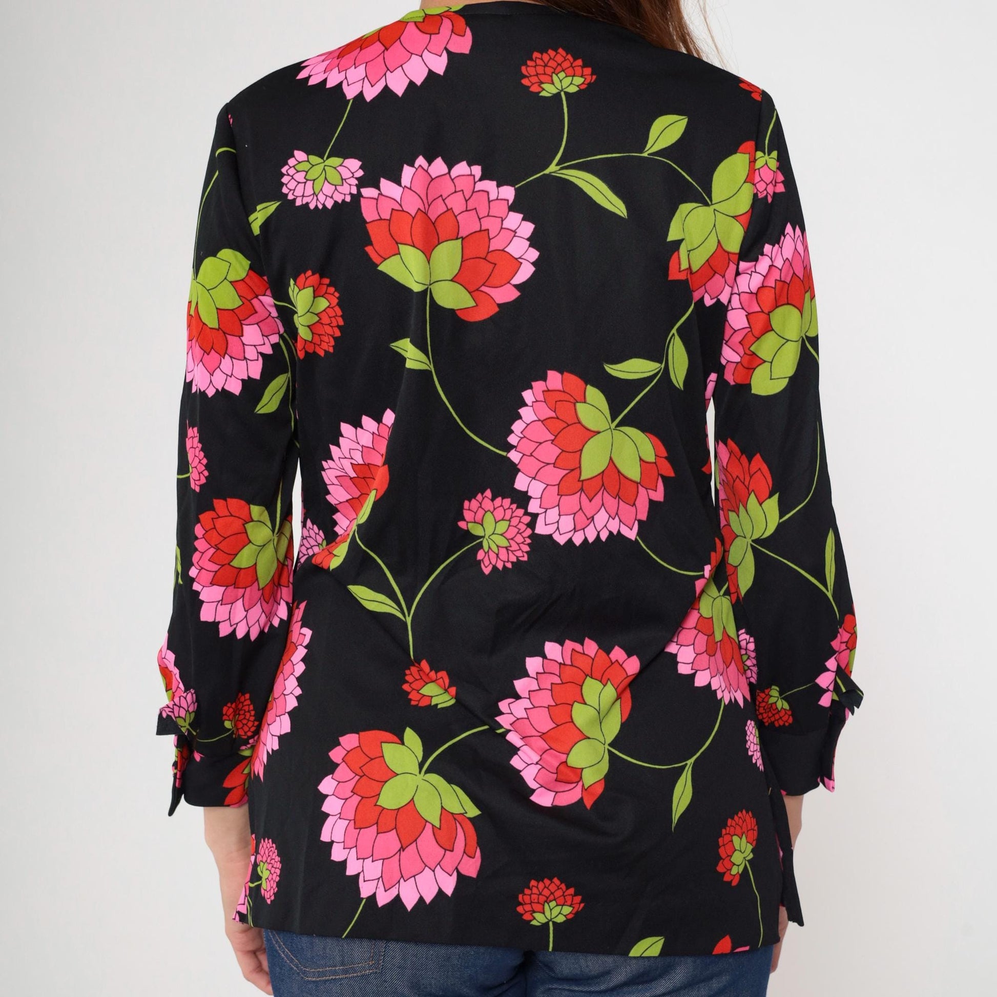 70s Black Floral Open Front Blouse Pink Green Print Long Sleeve Medium