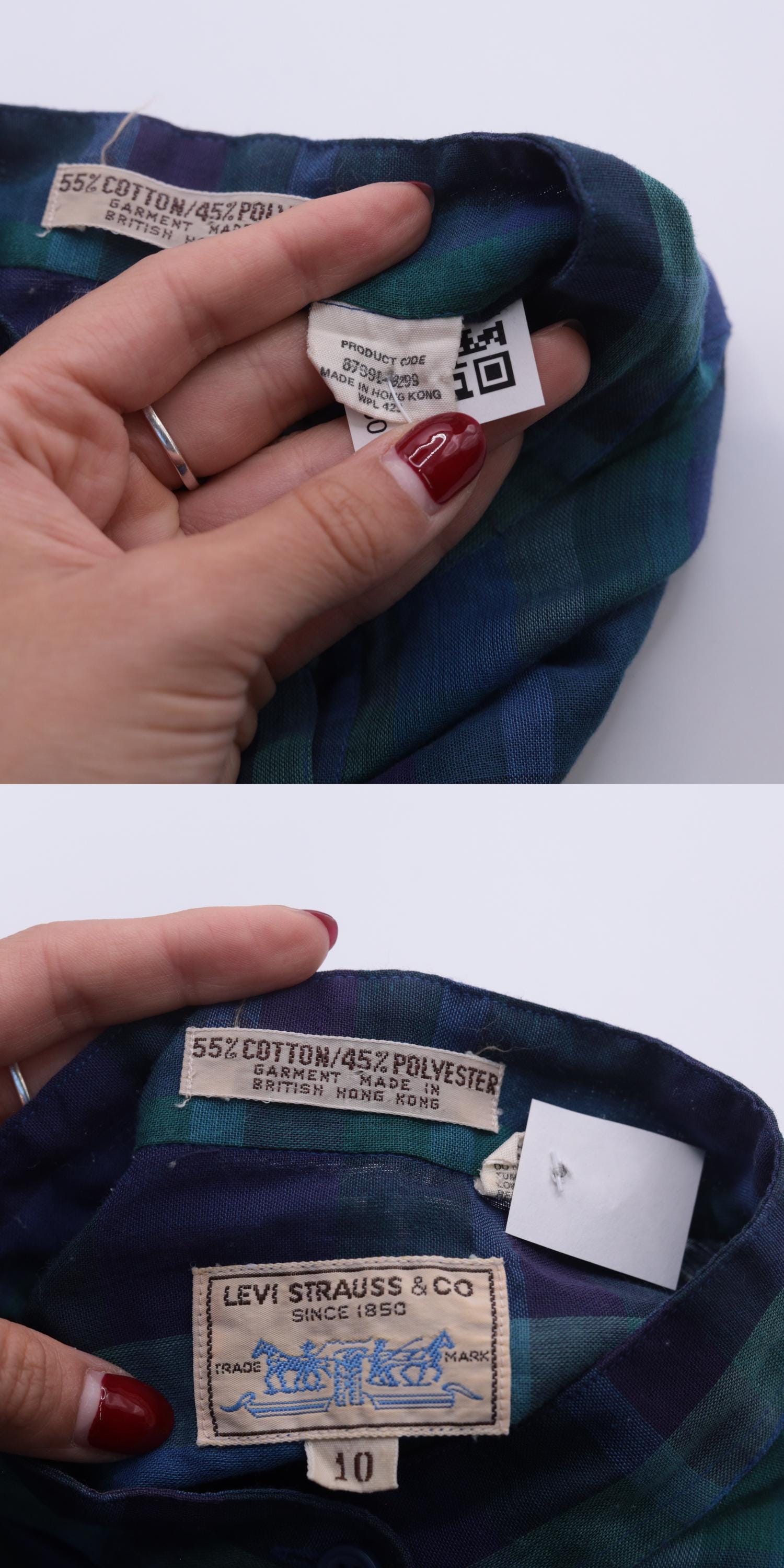 80s Levi's Plaid Button-Up Blouse Purple Blue Green Mandarin Collar Small S
