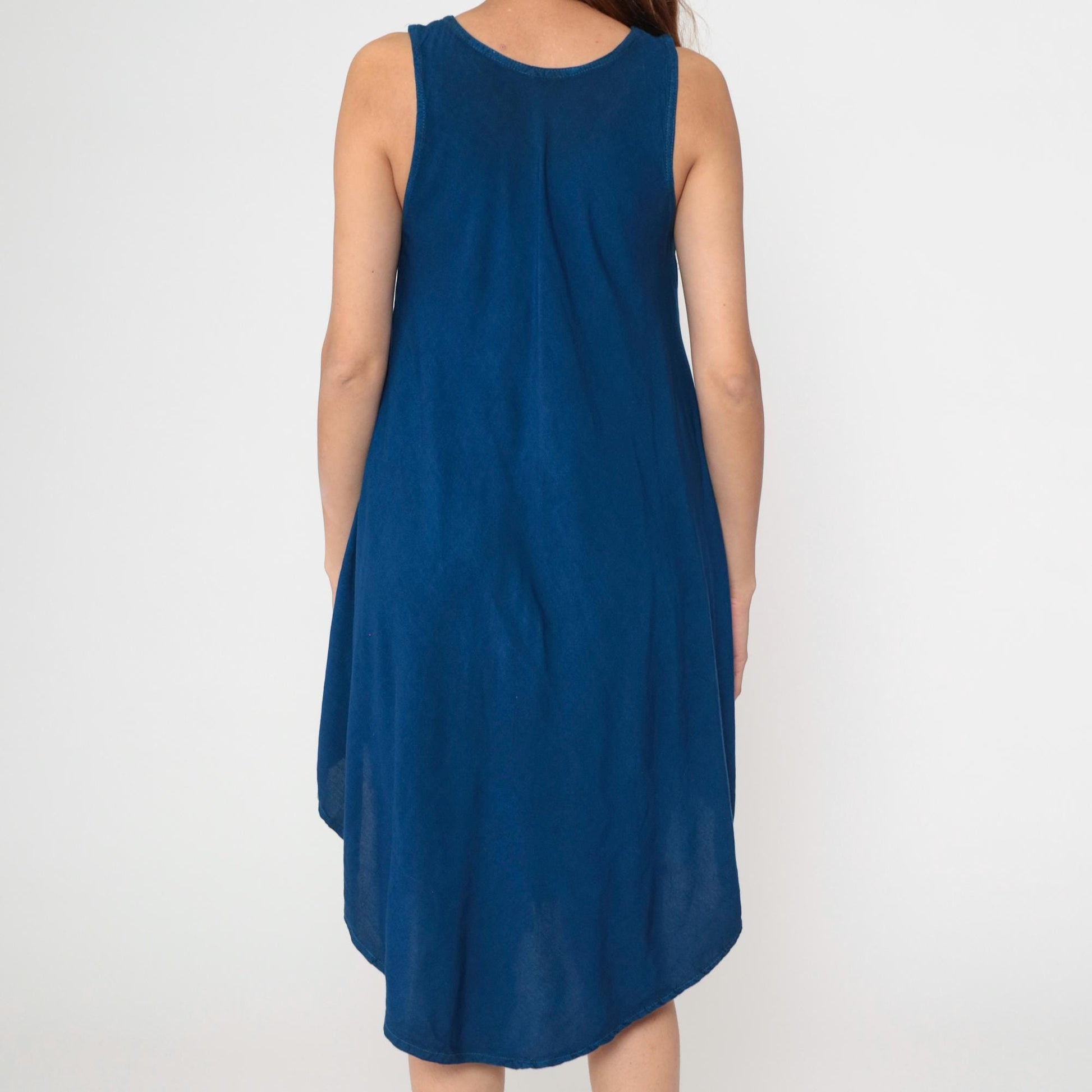 Y2K Dark Blue Embroidered Sundress Asymmetrical Hem Trapeze Cut Medium M