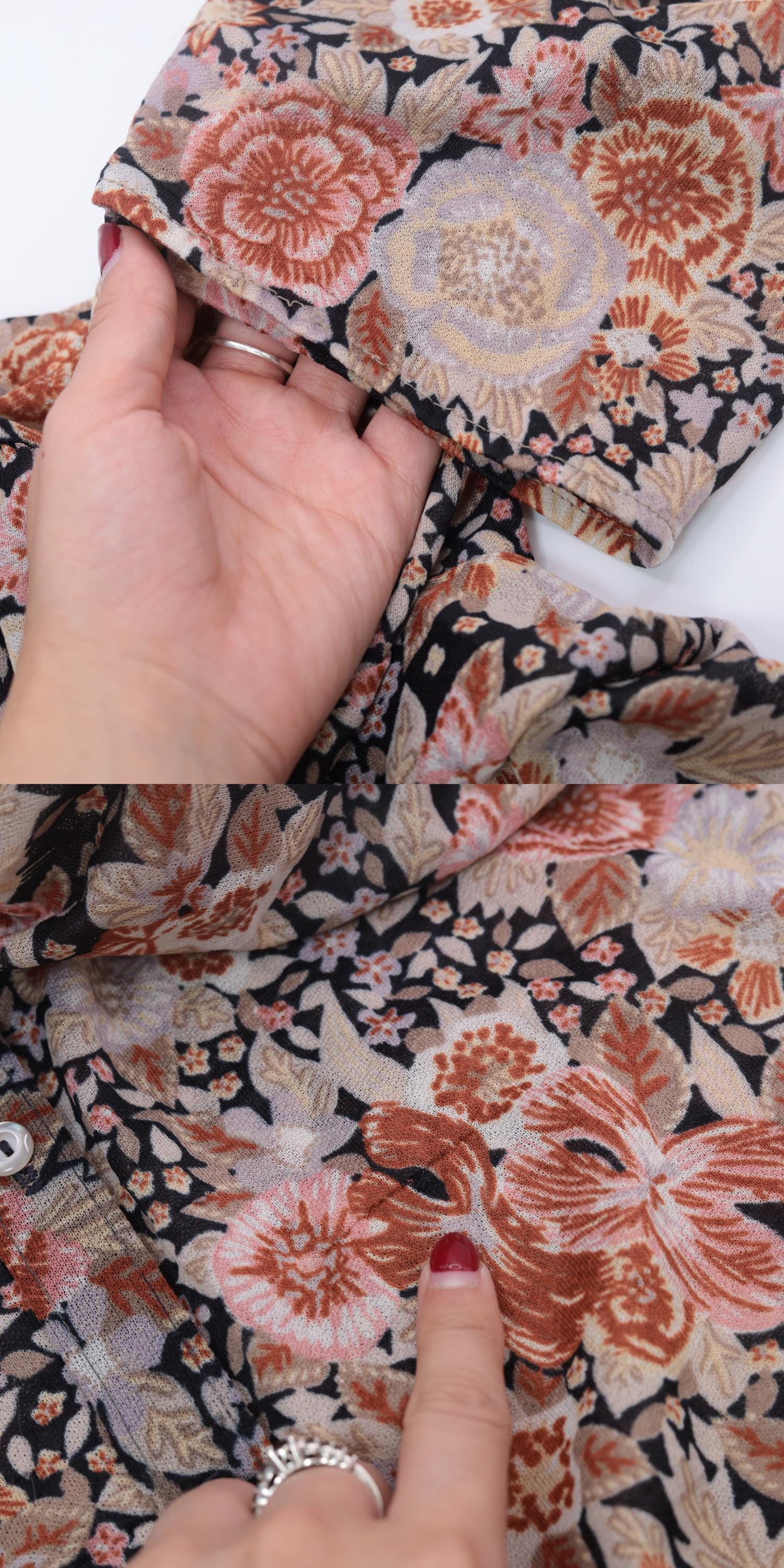 70s Floral Puff Sleeve Button-Up Blouse Burnt Orange Pink Medium M